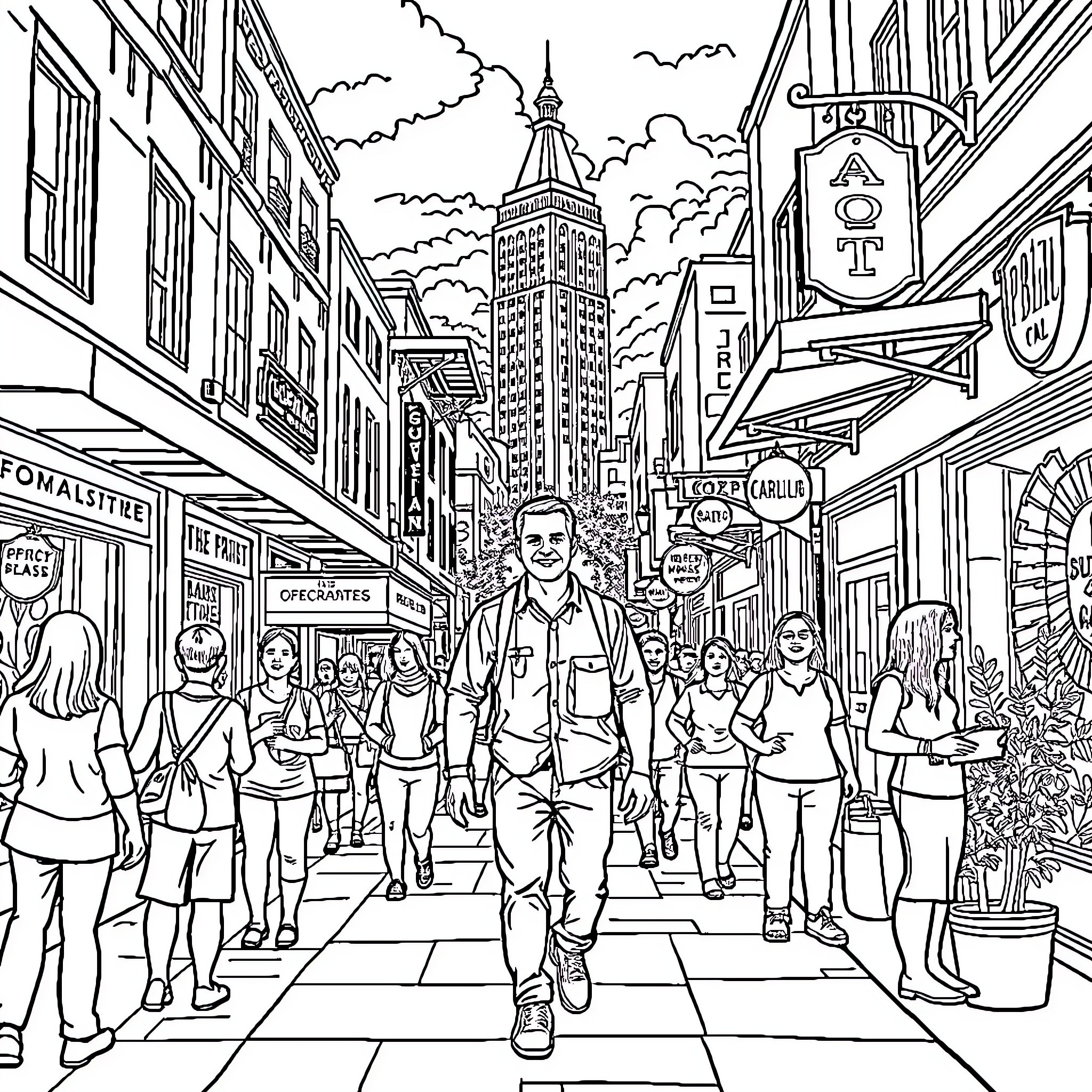 Man walking down a busy city street Coloring Page (free black-and-white line drawing printable PDF for all, from beginners to advanced learners, including children, teens, adults, and seniors)