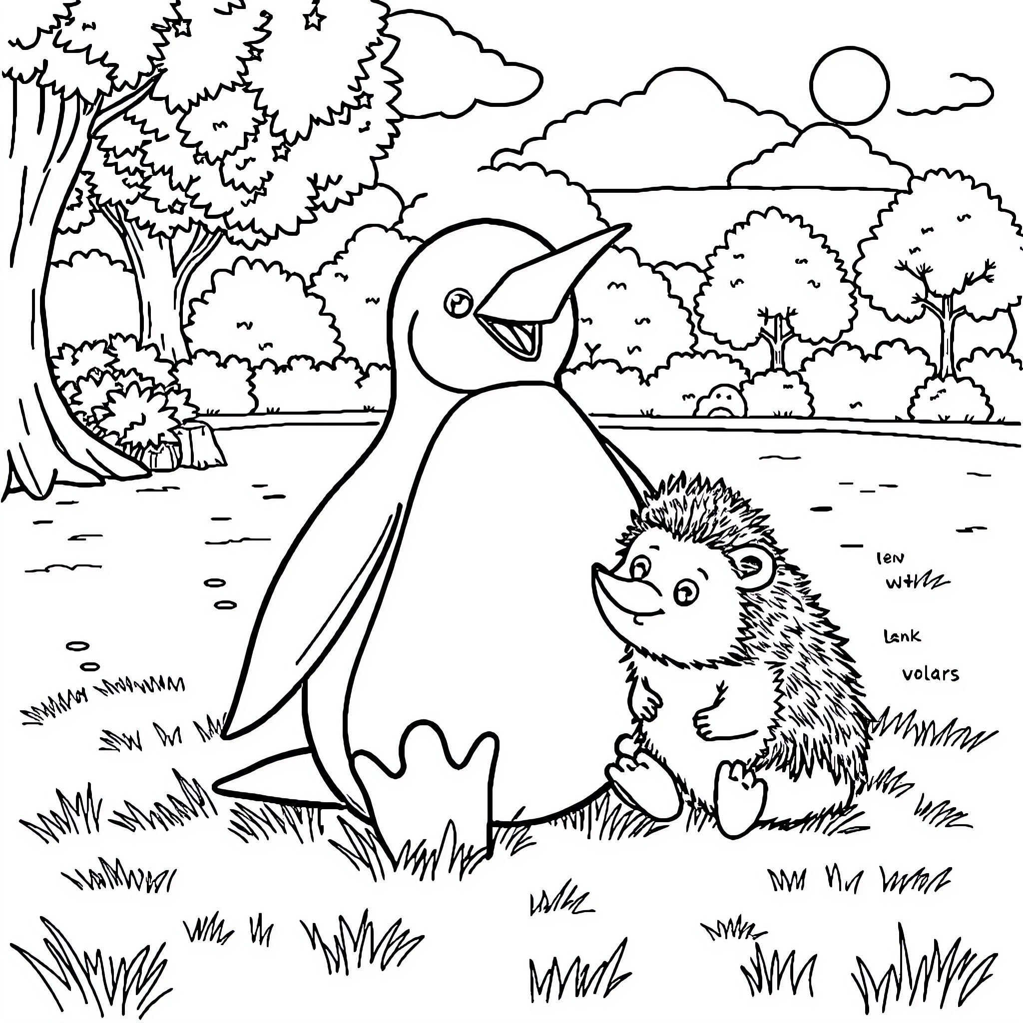 Penguin and hedgehog exploring the forest landscape Coloring Page (free black-and-white line drawing printable PDF for all, from beginners to advanced learners, including children, teens, adults, and seniors)