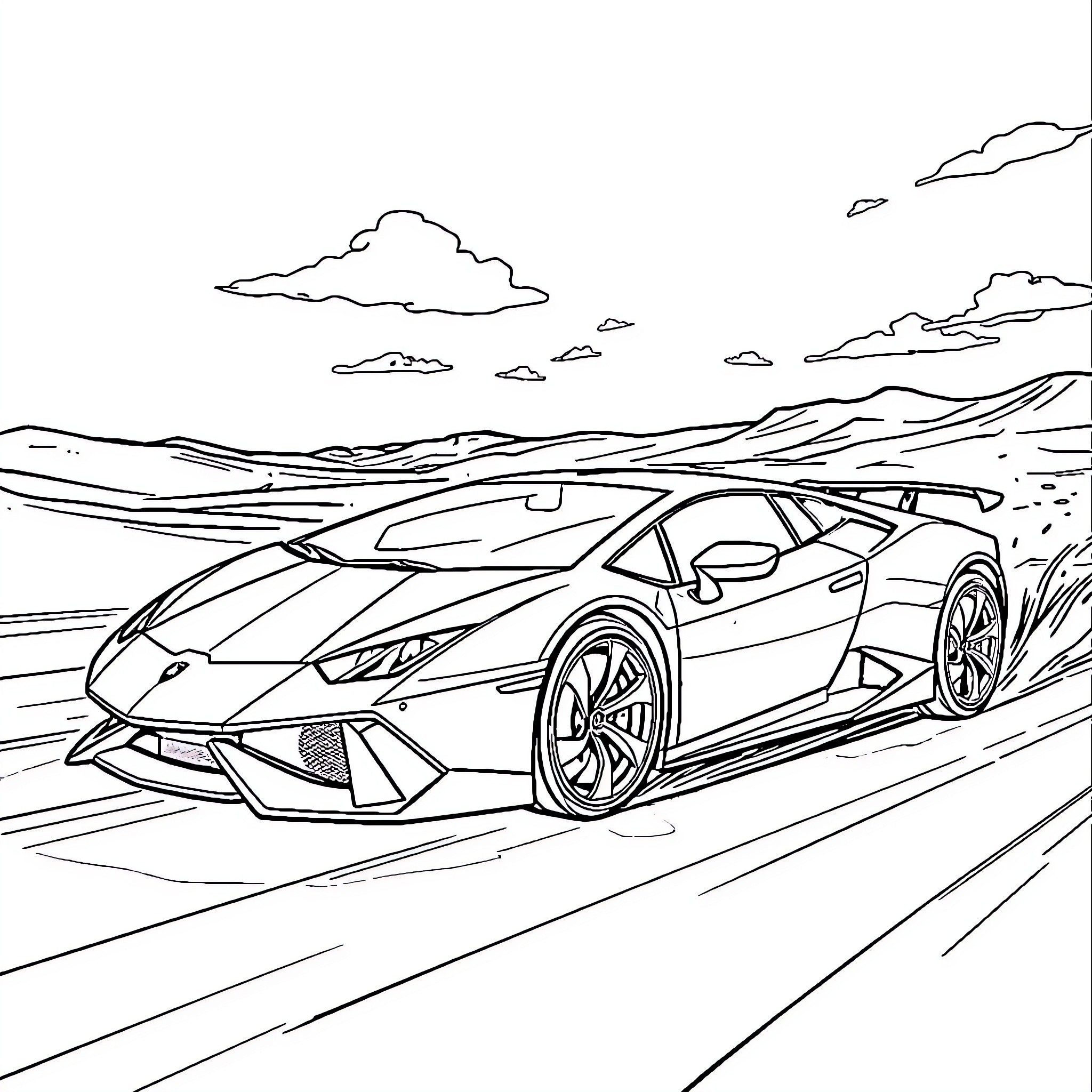 Lamborghini sports car driving through scenic landscape Coloring Page (free black-and-white line drawing printable PDF for all, from beginners to advanced learners, including children, teens, adults, and seniors)