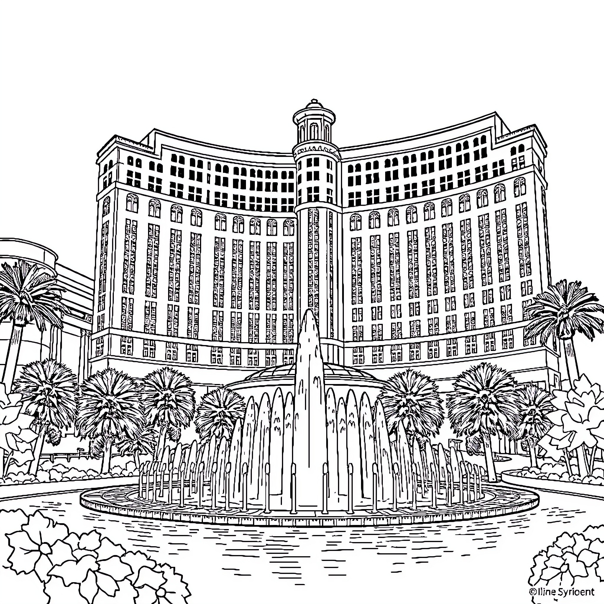 Bellagio's grand fountains and luxurious architecture Coloring Page (free black-and-white line drawing printable PDF for all, from beginners to advanced learners, including children, teens, adults, and seniors)
