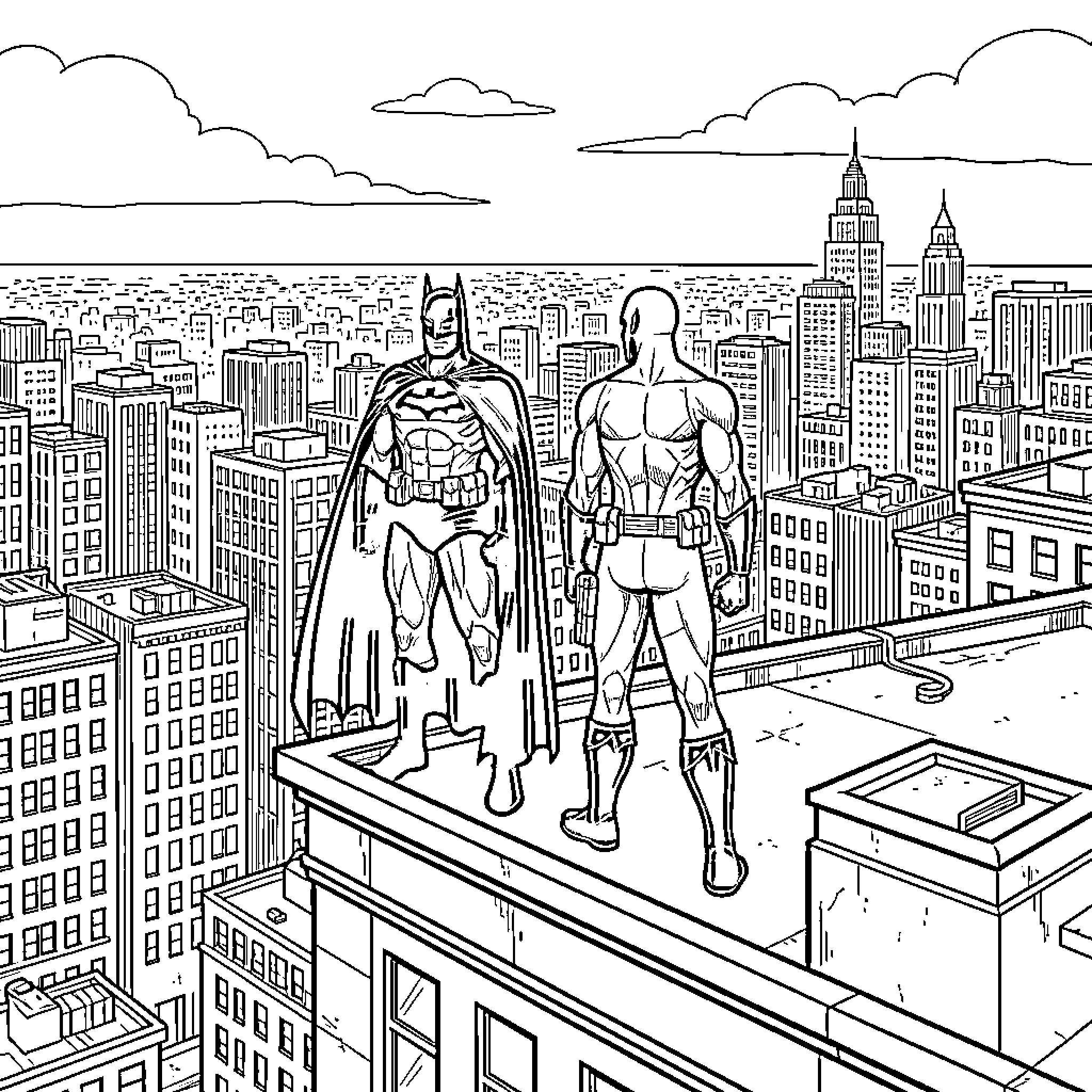 Batman and Superhero Overlooking Cityscape Coloring Page (free black-and-white line drawing printable PDF for all, from beginners to advanced learners, including children, teens, adults, and seniors)