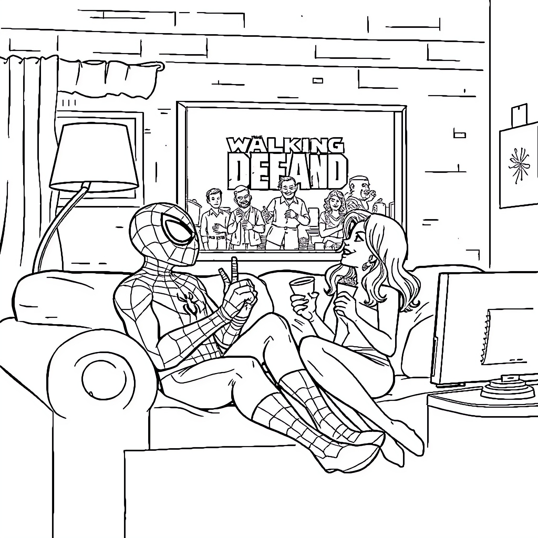 Spiderman relaxing and watching TV with friends Coloring Page (free black-and-white line drawing printable PDF for all, from beginners to advanced learners, including children, teens, adults, and seniors)