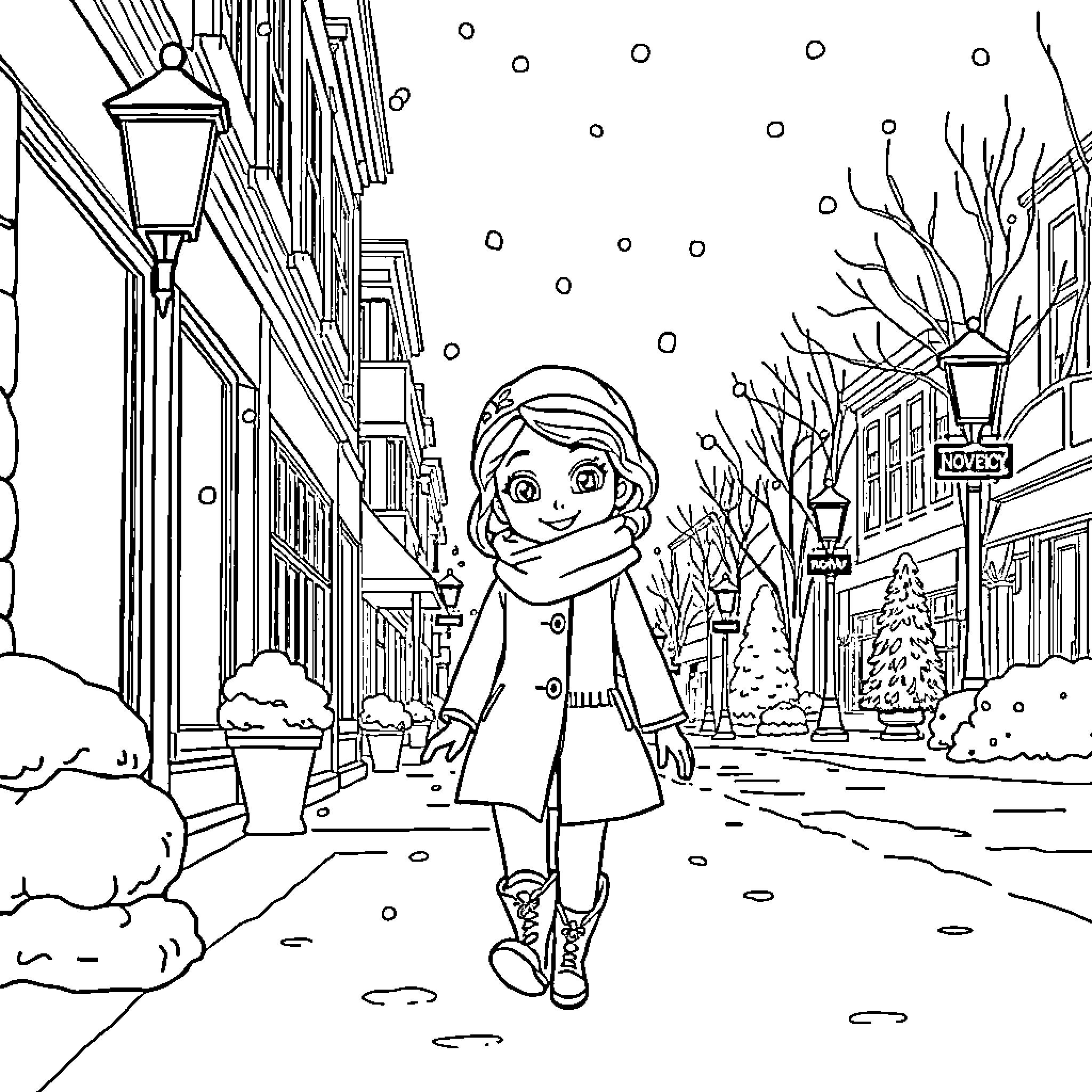 Sofia's Winter Stroll through the Snowy Town Coloring Page (free black-and-white line drawing printable PDF for all, from beginners to advanced learners, including children, teens, adults, and seniors)