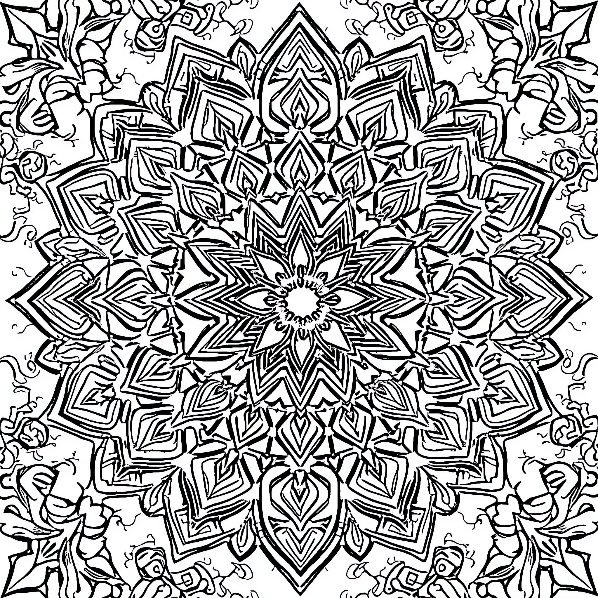 Mandala of intricate geometric patterns Coloring Page (free black-and-white line drawing printable PDF for all, from beginners to advanced learners, including children, teens, adults, and seniors)