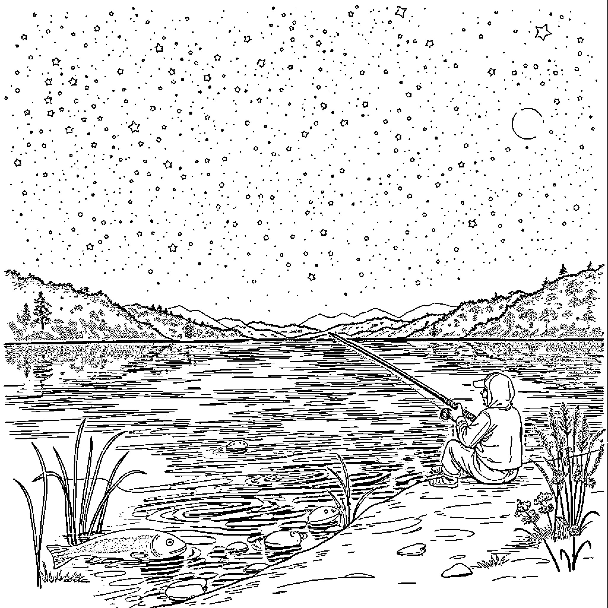 Fishing under the starry night sky Coloring Page (free black-and-white line drawing printable PDF for all, from beginners to advanced learners, including children, teens, adults, and seniors)