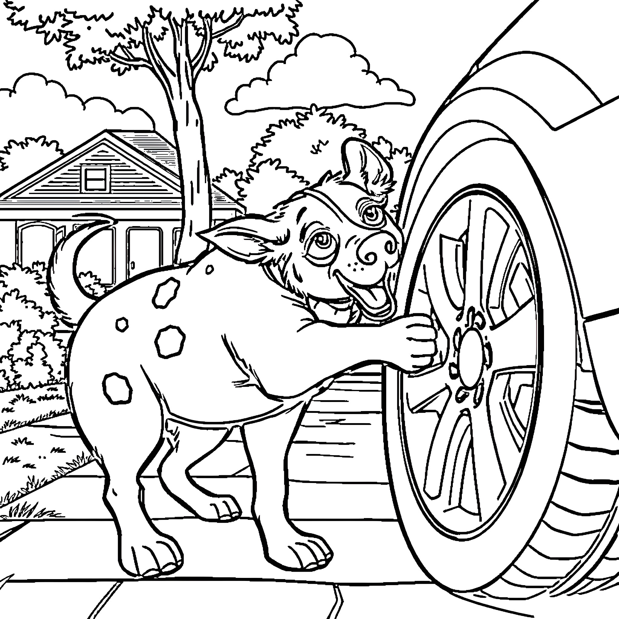Cattle Dog playing with wagon wheel on farm Coloring Page (free black-and-white line drawing printable PDF for all, from beginners to advanced learners, including children, teens, adults, and seniors)