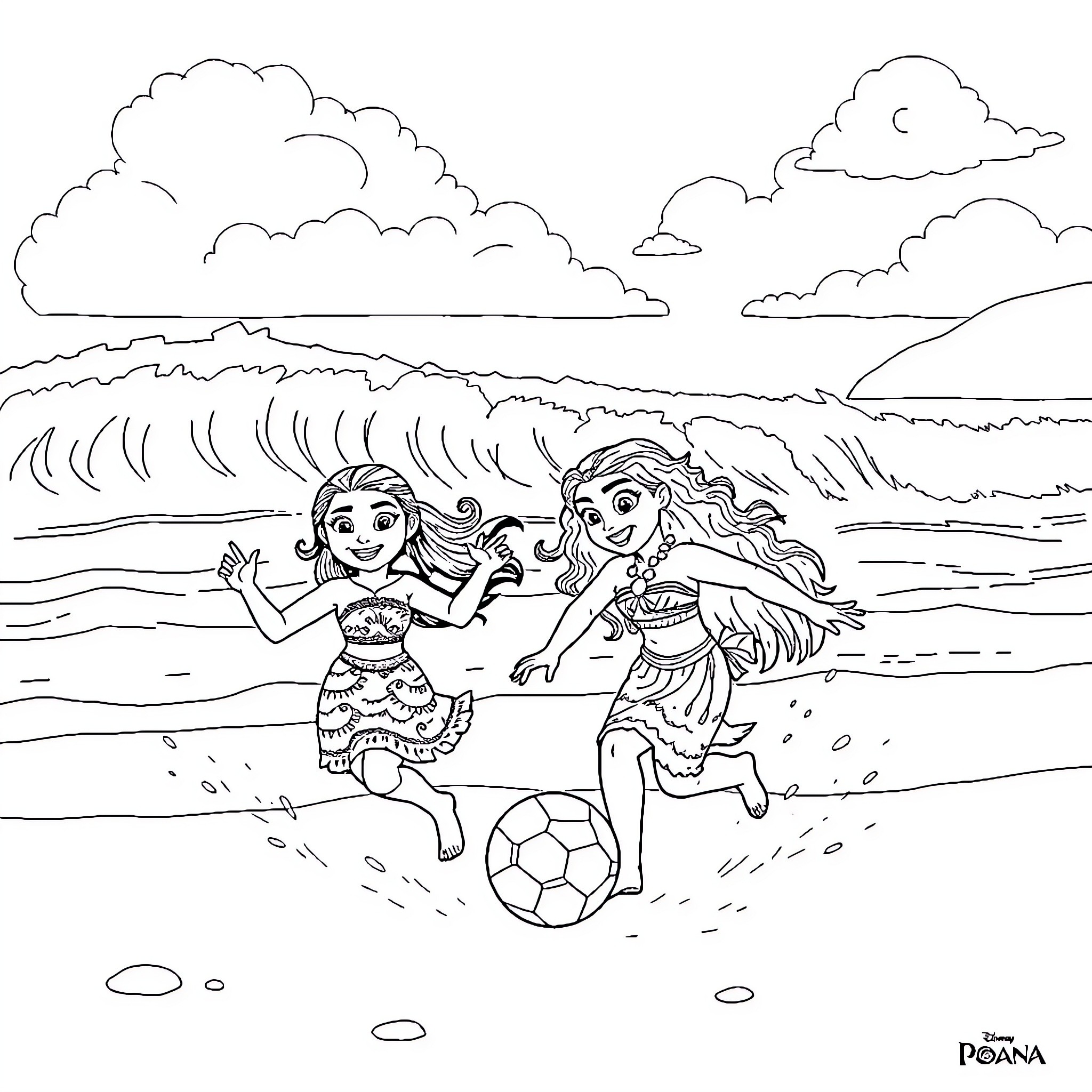Moana and her friend playing on the beach Coloring Page (free black-and-white line drawing printable PDF for all, from beginners to advanced learners, including children, teens, adults, and seniors)