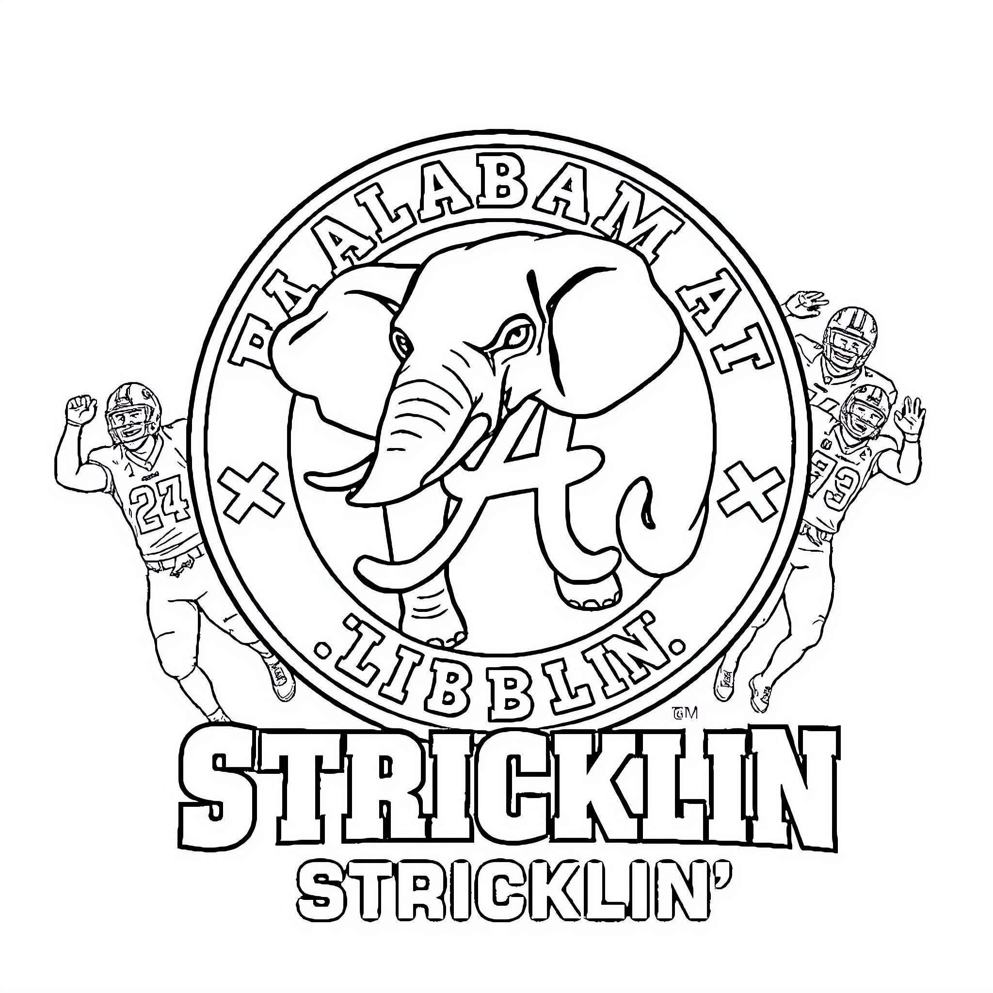 Alabama Football Team Strikingly Portrayed Coloring Page (free black-and-white line drawing printable PDF for all, from beginners to advanced learners, including children, teens, adults, and seniors)