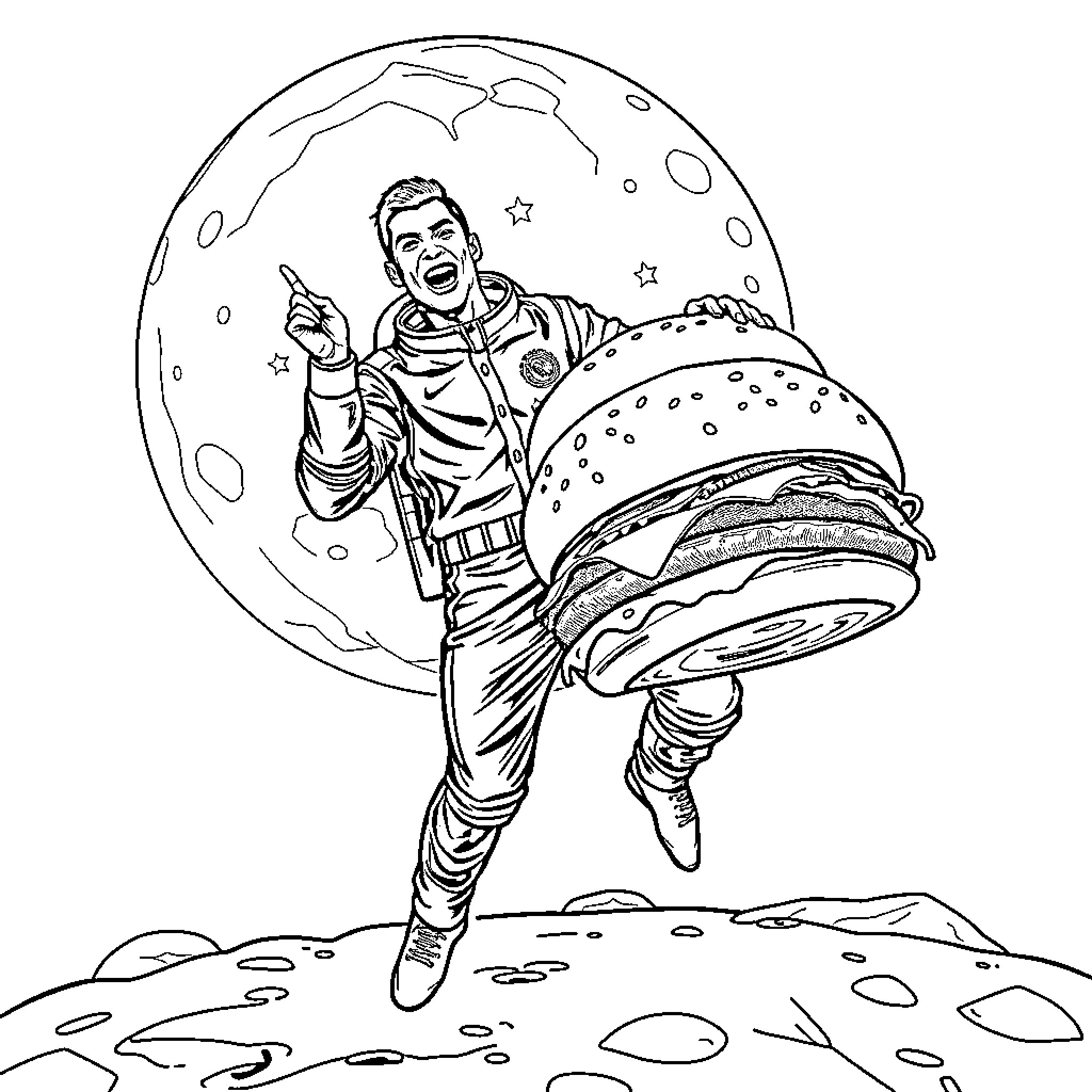 Cristiano Ronaldo Celebrates Scoring on the Moon Coloring Page (free black-and-white line drawing printable PDF for all, from beginners to advanced learners, including children, teens, adults, and seniors)