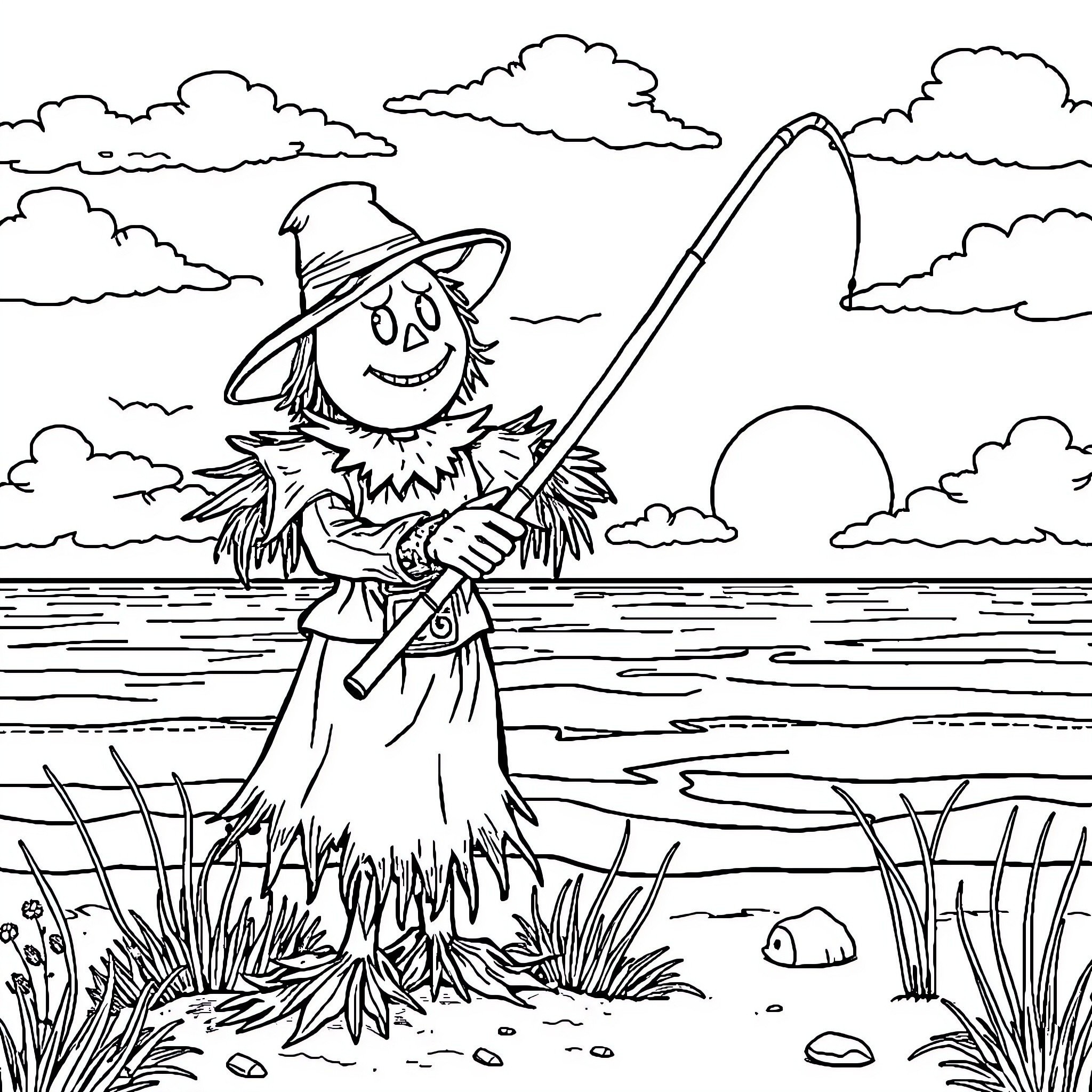 Scarecrow fishing in serene landscape Coloring Page (free black-and-white line drawing printable PDF for all, from beginners to advanced learners, including children, teens, adults, and seniors)