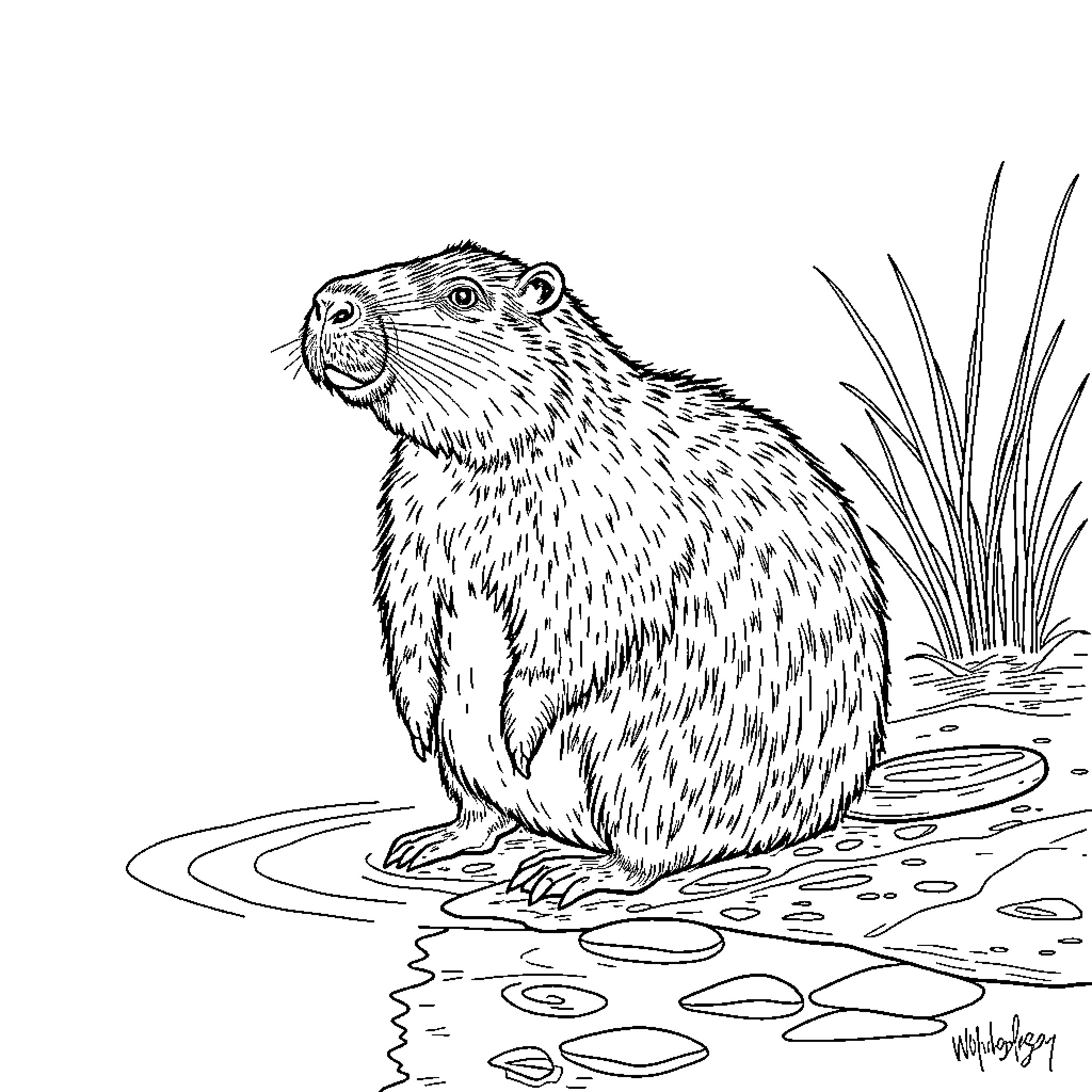 Capybara sitting peacefully in the water Coloring Page (free black-and-white line drawing printable PDF for all, from beginners to advanced learners, including children, teens, adults, and seniors)