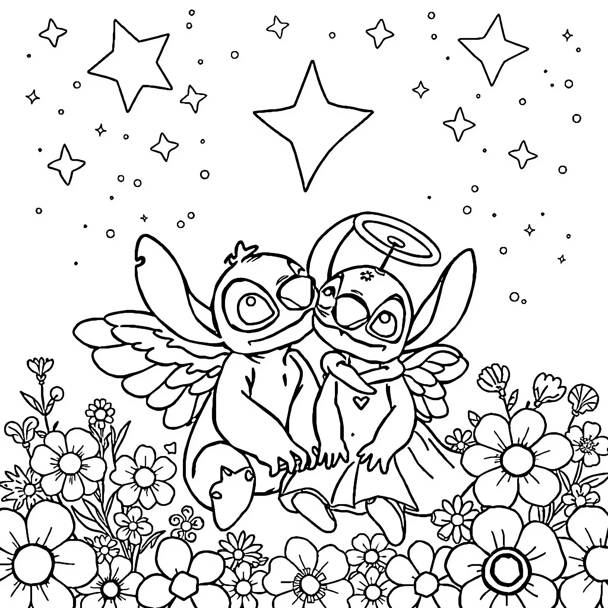 Stitch and angel playing among the stars and flowers Coloring Page (free black-and-white line drawing printable PDF for all, from beginners to advanced learners, including children, teens, adults, and seniors)