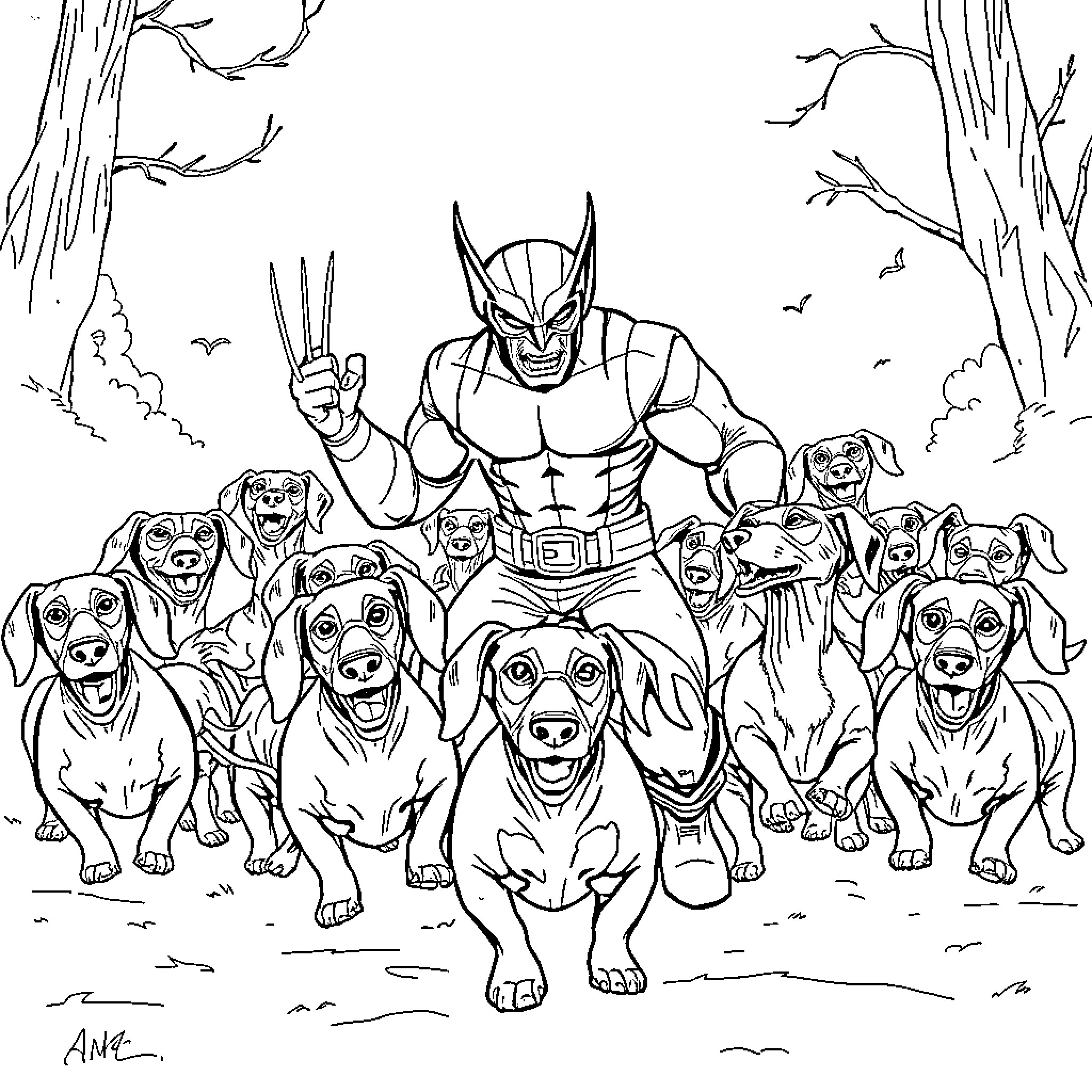 Dachshund pack gathering with a superhero Coloring Page (free black-and-white line drawing printable PDF for all, from beginners to advanced learners, including children, teens, adults, and seniors)