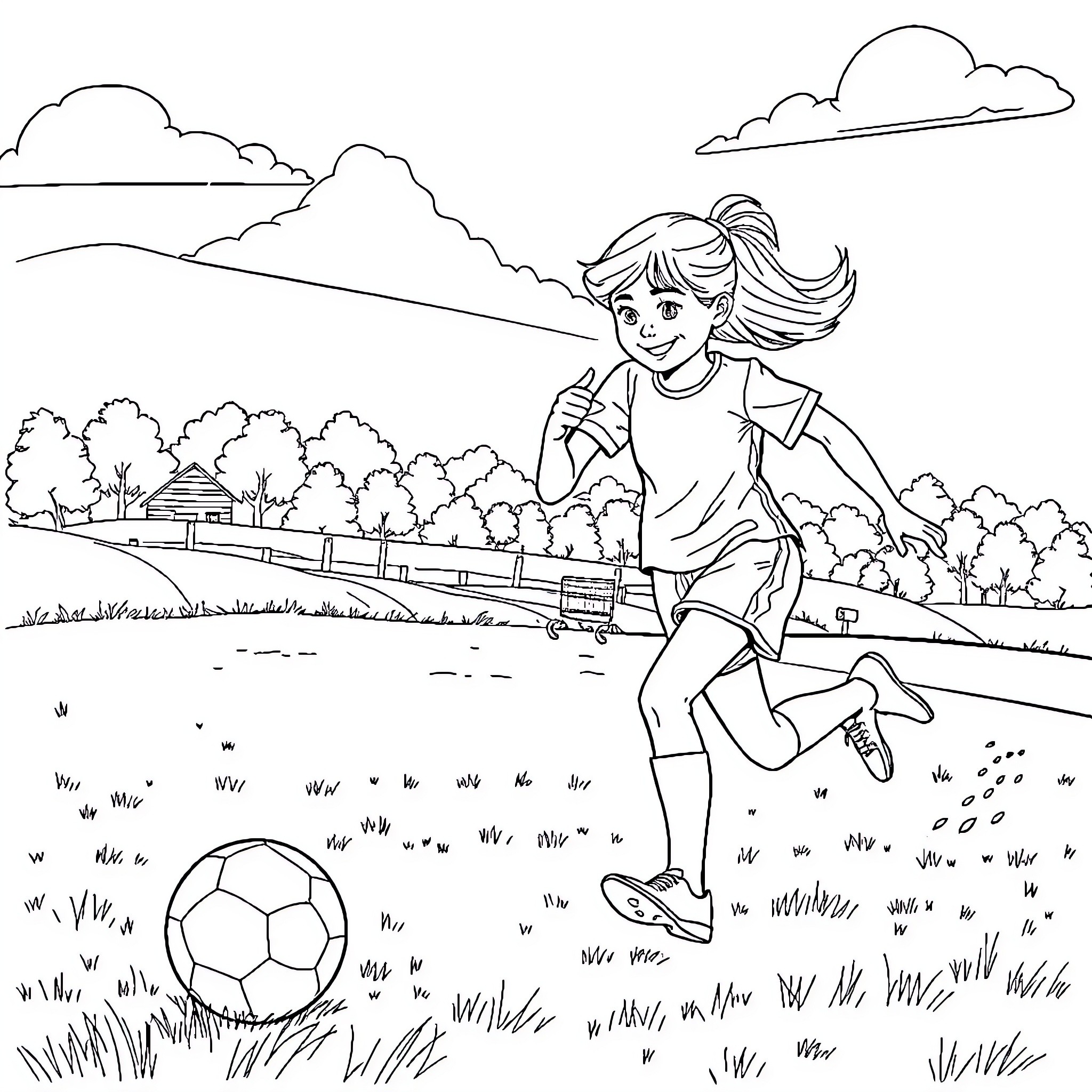 Girl kicking soccer ball in a scenic outdoor setting Coloring Page (free black-and-white line drawing printable PDF for all, from beginners to advanced learners, including children, teens, adults, and seniors)