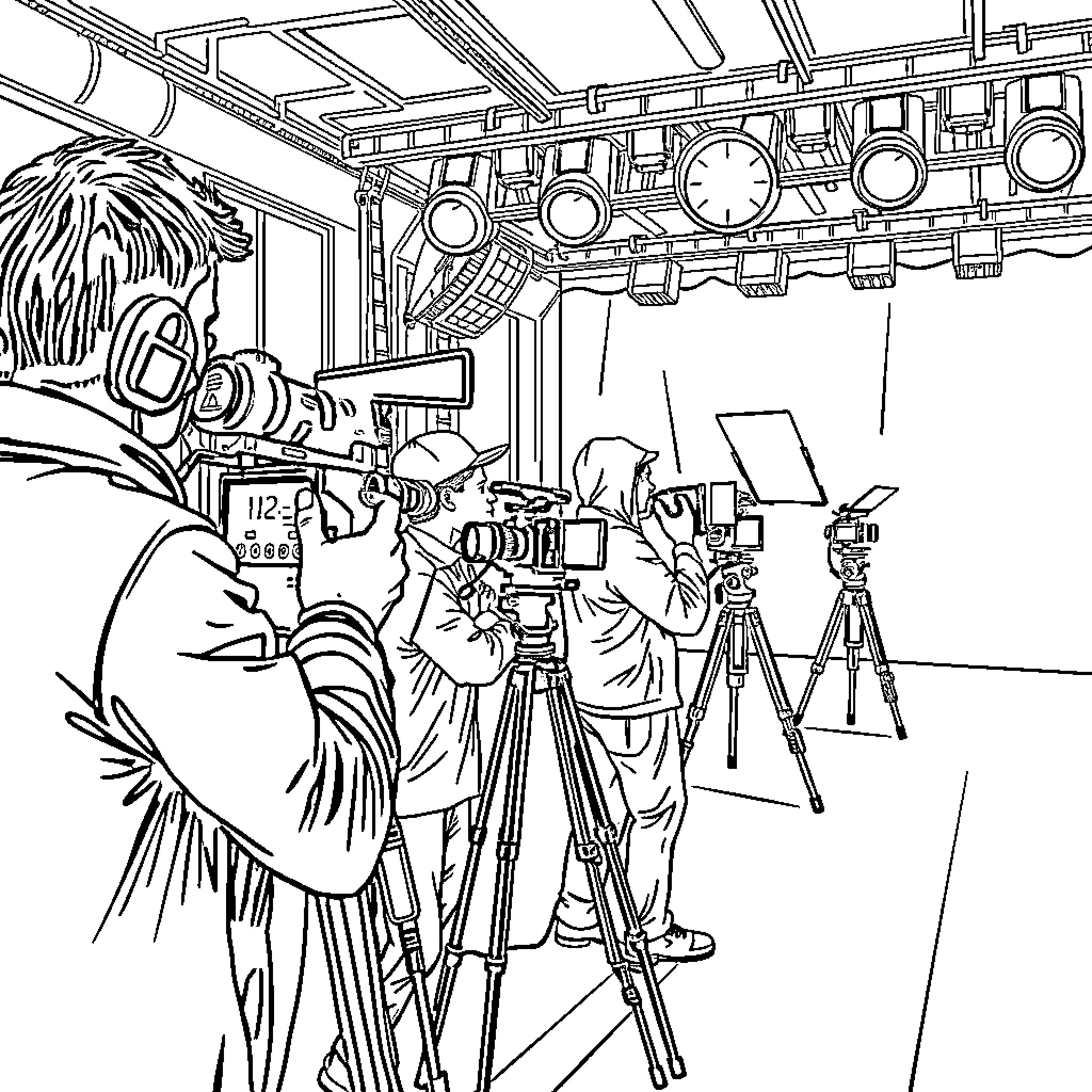Photography of film crew at work in studio Coloring Page (free black-and-white line drawing printable PDF for all, from beginners to advanced learners, including children, teens, adults, and seniors)