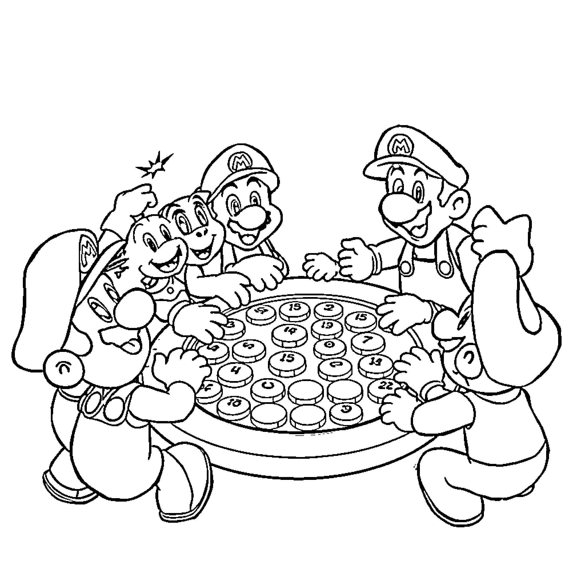 Mario and Luigi playing a video game together Coloring Page (free black-and-white line drawing printable PDF for all, from beginners to advanced learners, including children, teens, adults, and seniors)