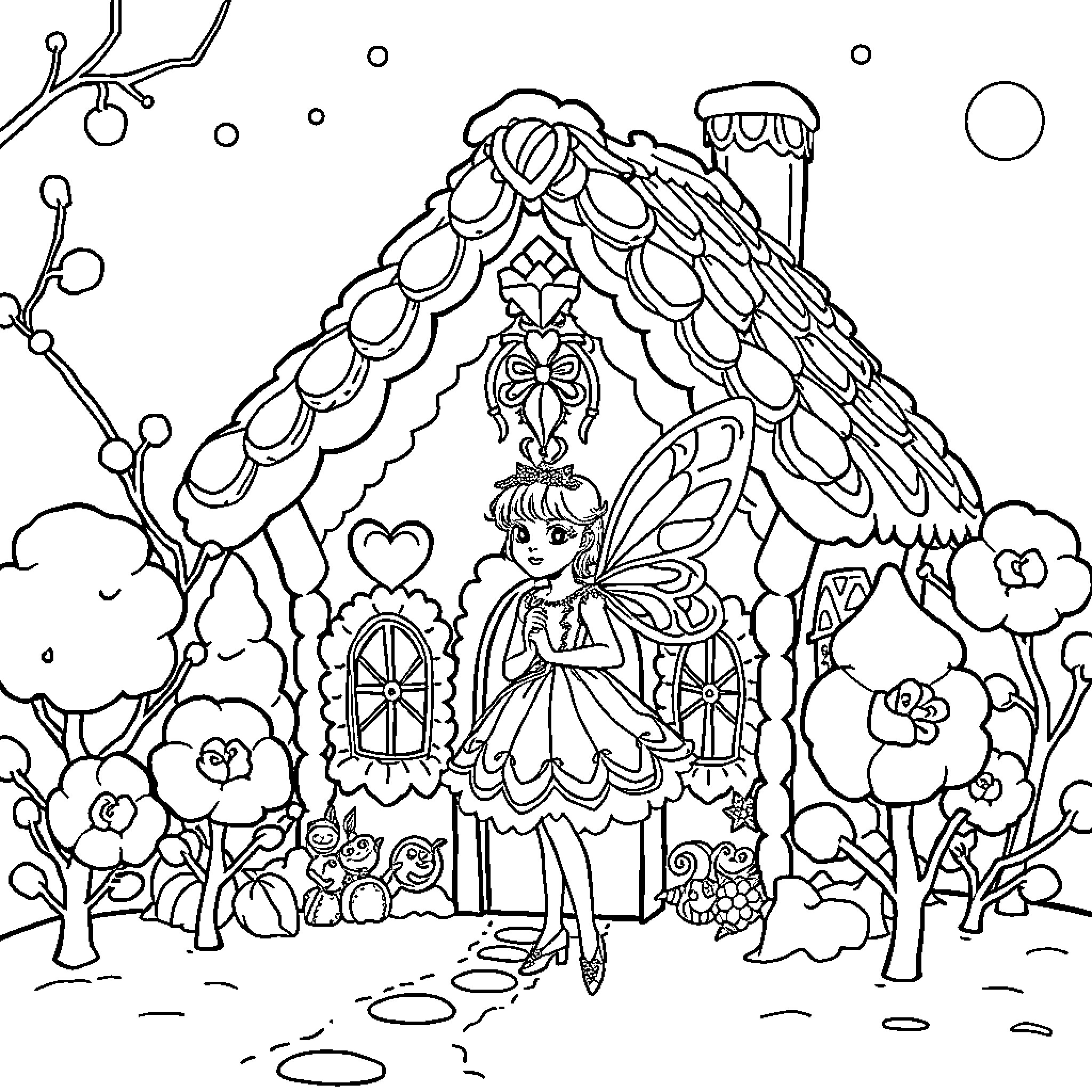 Sugar Plum Fairy fairy tale character in a whimsical scene Coloring Page (free black-and-white line drawing printable PDF for all, from beginners to advanced learners, including children, teens, adults, and seniors)