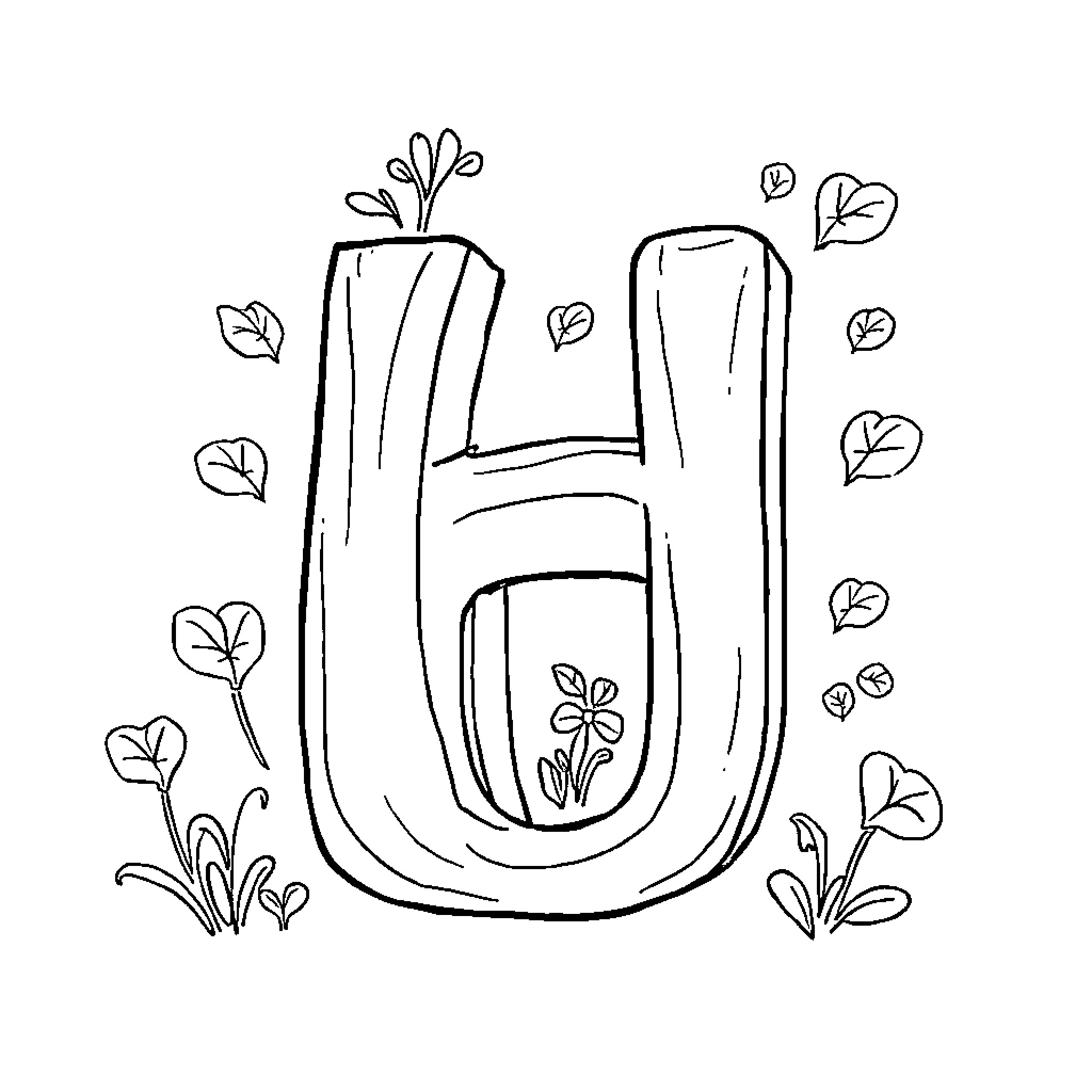 H Word Nature Shapes with Floral Elements Coloring Page (free black-and-white line drawing printable PDF for all, from beginners to advanced learners, including children, teens, adults, and seniors)