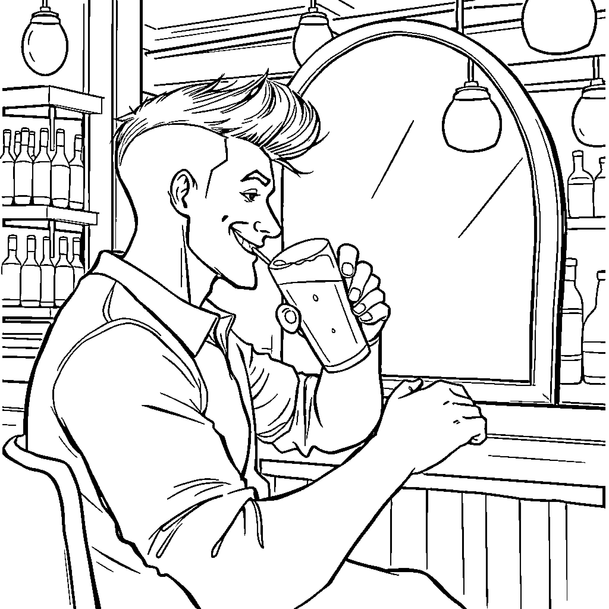 Man enjoying a drink at the bar Coloring Page (free black-and-white line drawing printable PDF for all, from beginners to advanced learners, including children, teens, adults, and seniors)