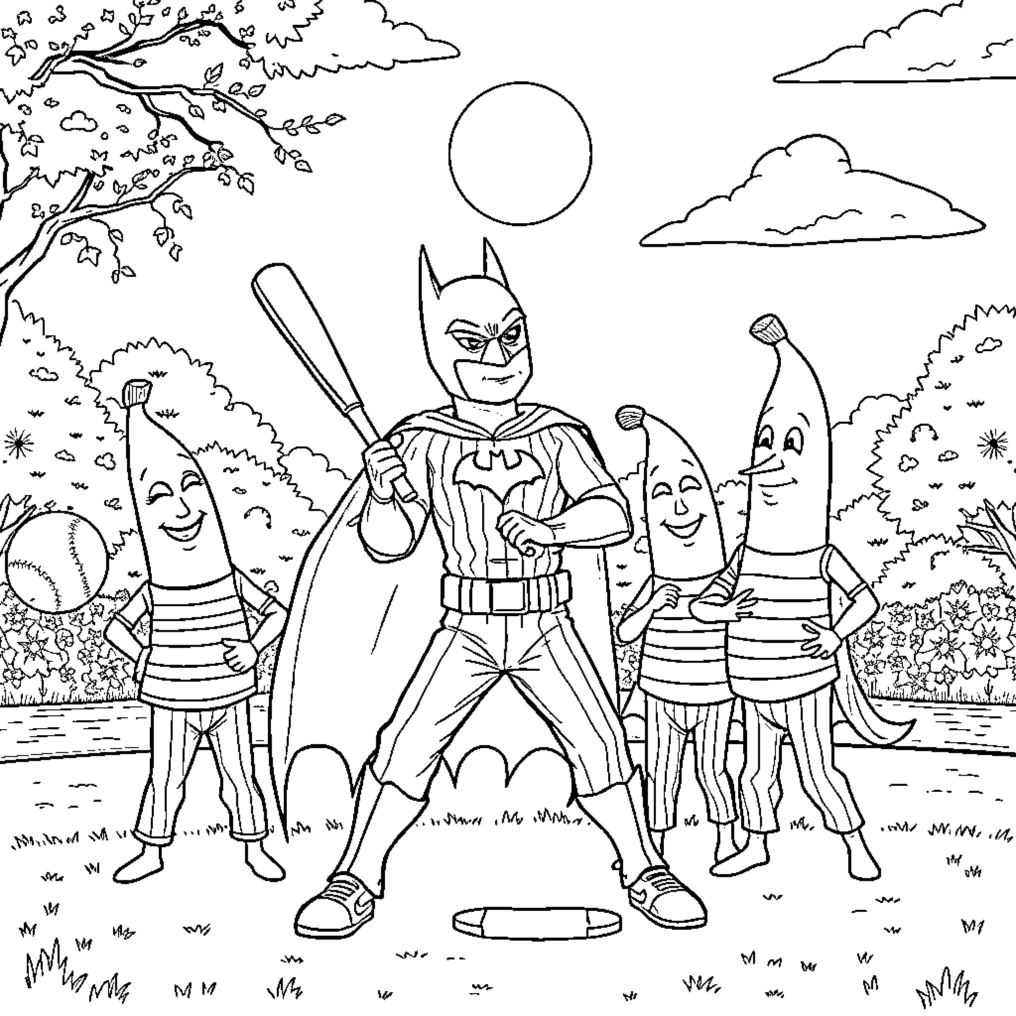 Batman Playing with Silly Sidekicks in Nature Coloring Page (free black-and-white line drawing printable PDF for all, from beginners to advanced learners, including children, teens, adults, and seniors)