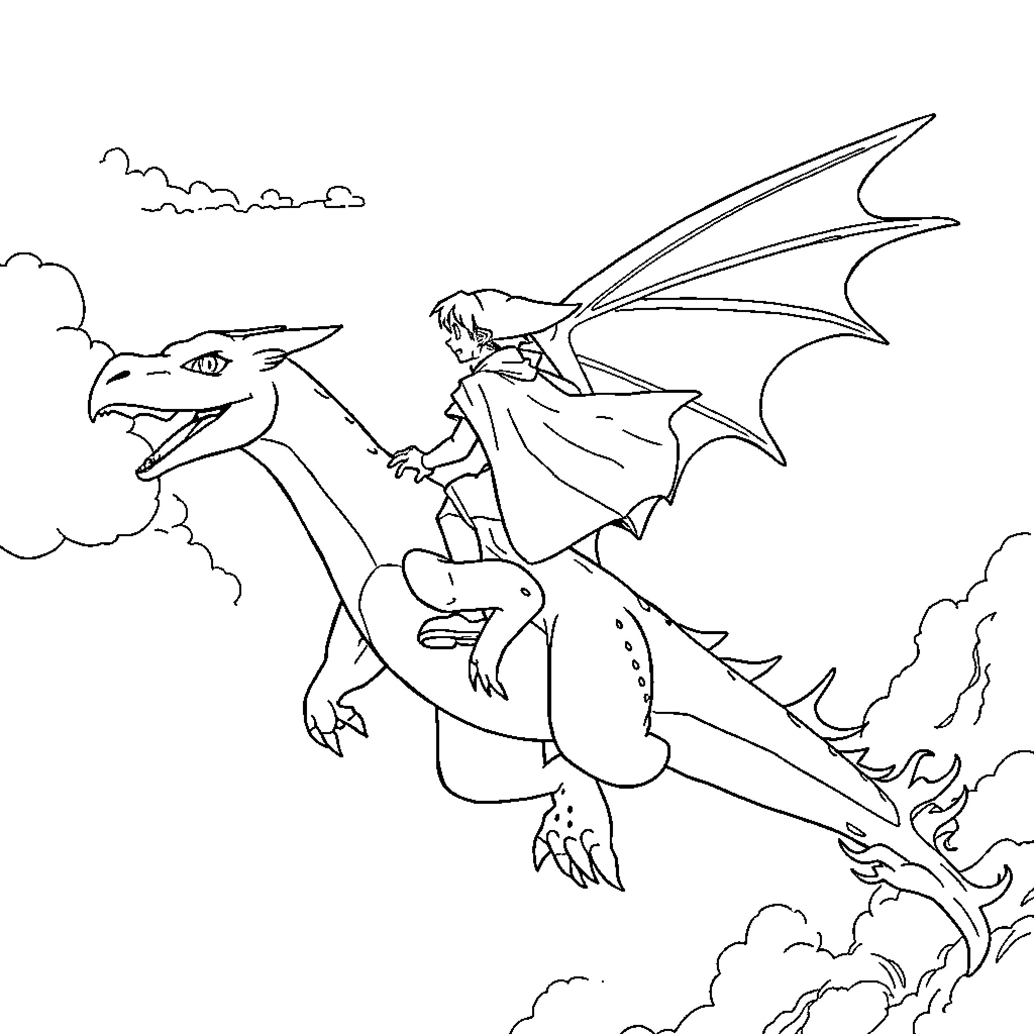 Elf riding a majestic dragon through the clouds Coloring Page (free black-and-white line drawing printable PDF for all, from beginners to advanced learners, including children, teens, adults, and seniors)