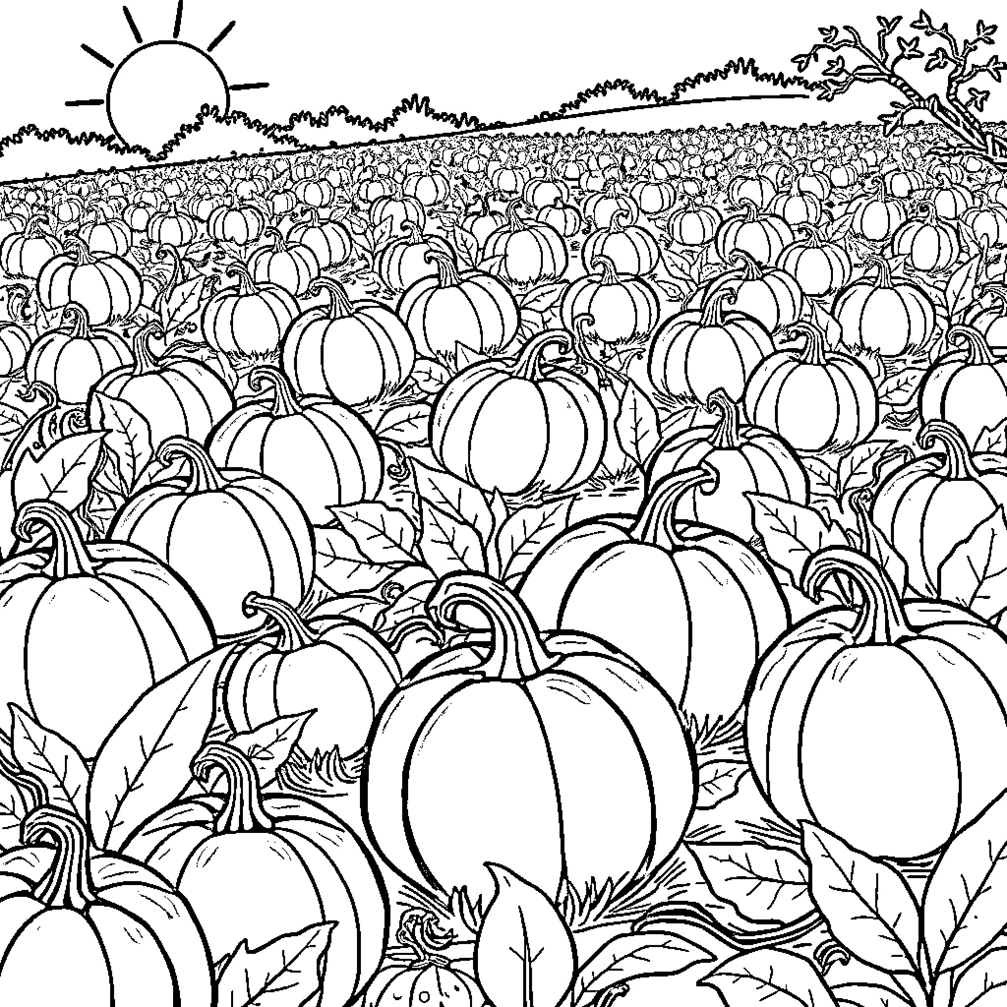 Pumpkin Patch Under the Sun Coloring Page (free black-and-white line drawing printable PDF for all, from beginners to advanced learners, including children, teens, adults, and seniors)