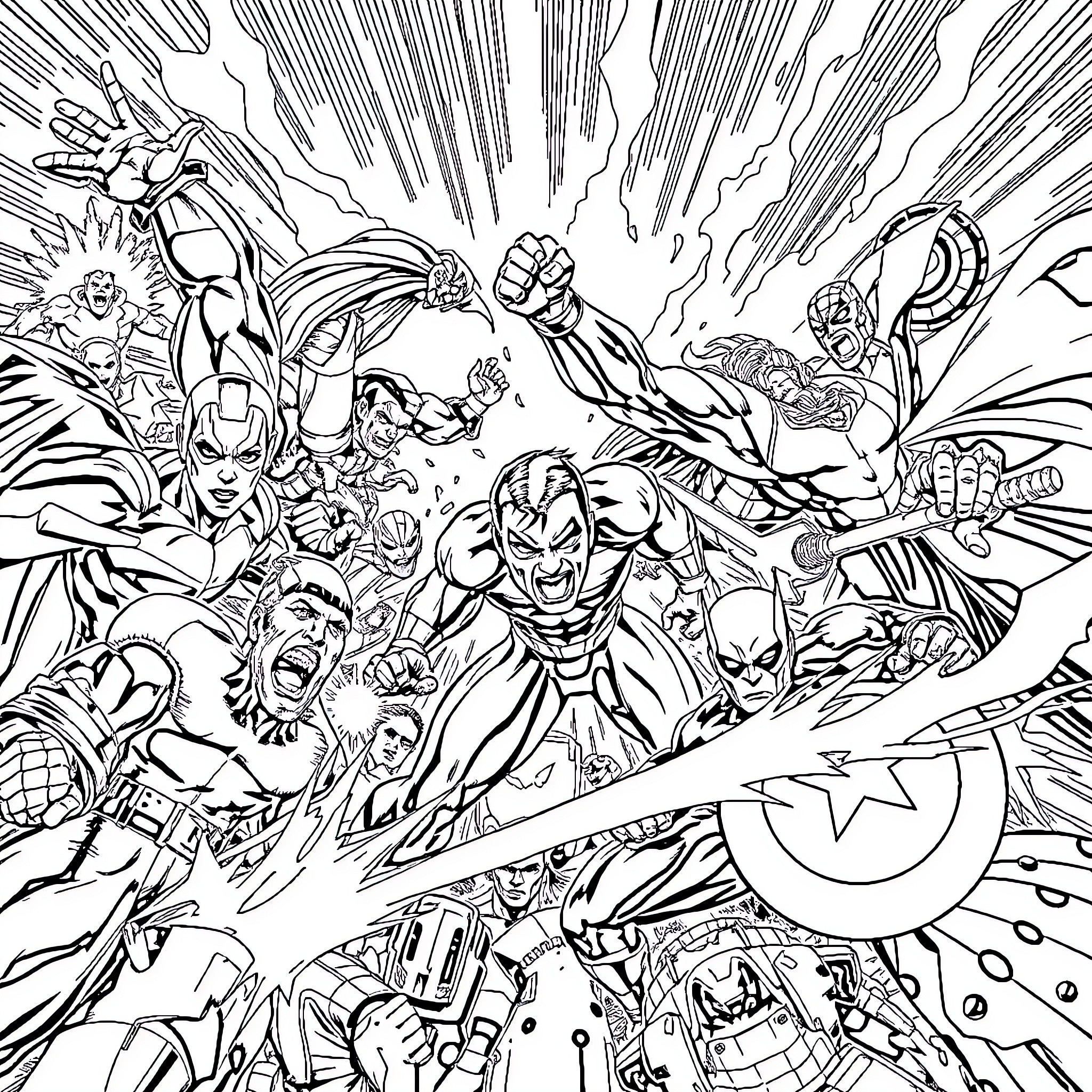 Marvel vs DC: Epic Superhero Clash of Iconic Characters Coloring Page (free black-and-white line drawing printable PDF for all, from beginners to advanced learners, including children, teens, adults, and seniors)