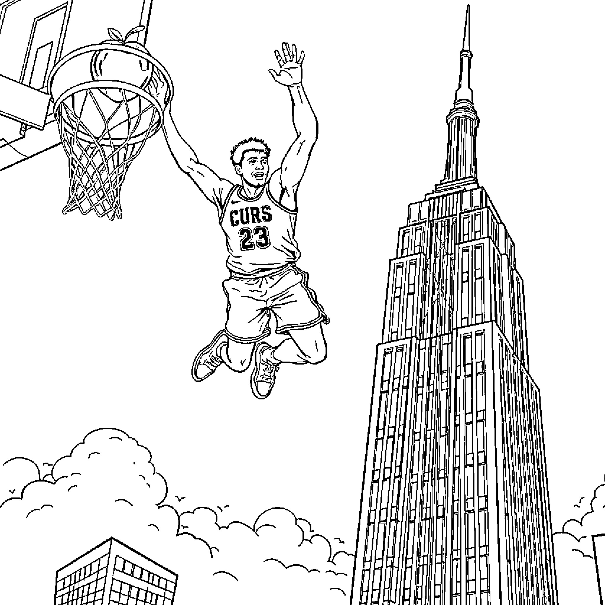 Jalen Brunson soaring for a slam dunk in the city Coloring Page (free black-and-white line drawing printable PDF for all, from beginners to advanced learners, including children, teens, adults, and seniors)