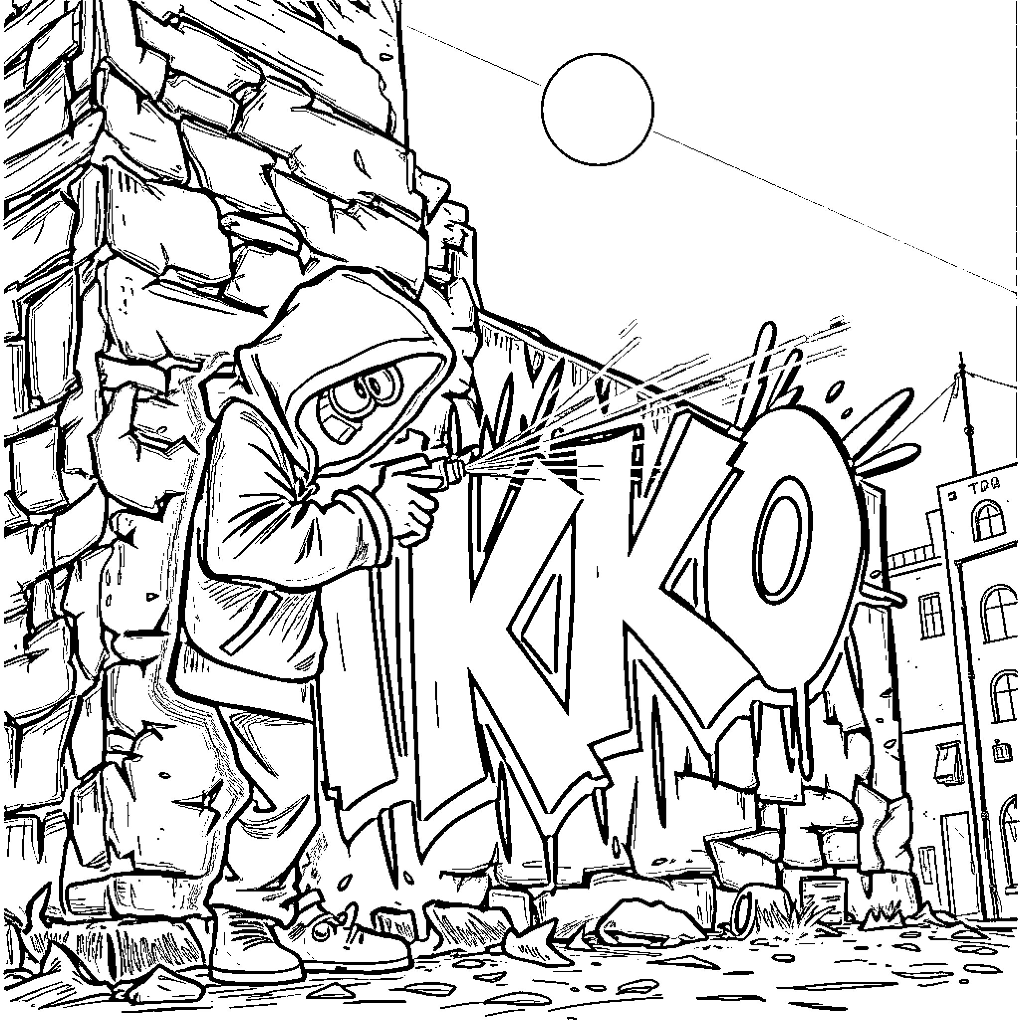 Cartoon Character Graffiti Artist Painting on Wall Coloring Page (free black-and-white line drawing printable PDF for all, from beginners to advanced learners, including children, teens, adults, and seniors)