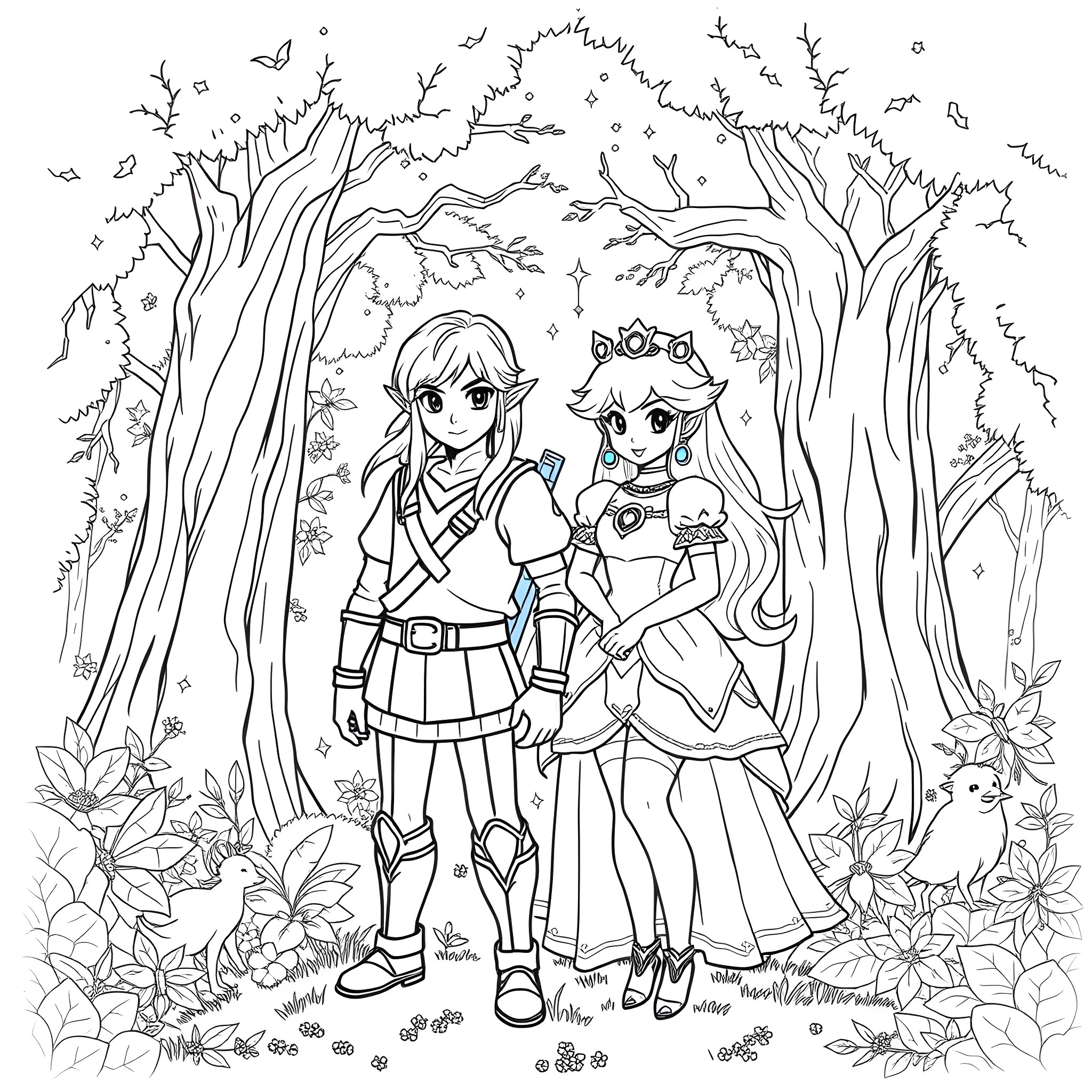 Zelda: Link and Princess Encounter in Enchanted Forest Coloring Page (free black-and-white line drawing printable PDF for all, from beginners to advanced learners, including children, teens, adults, and seniors)
