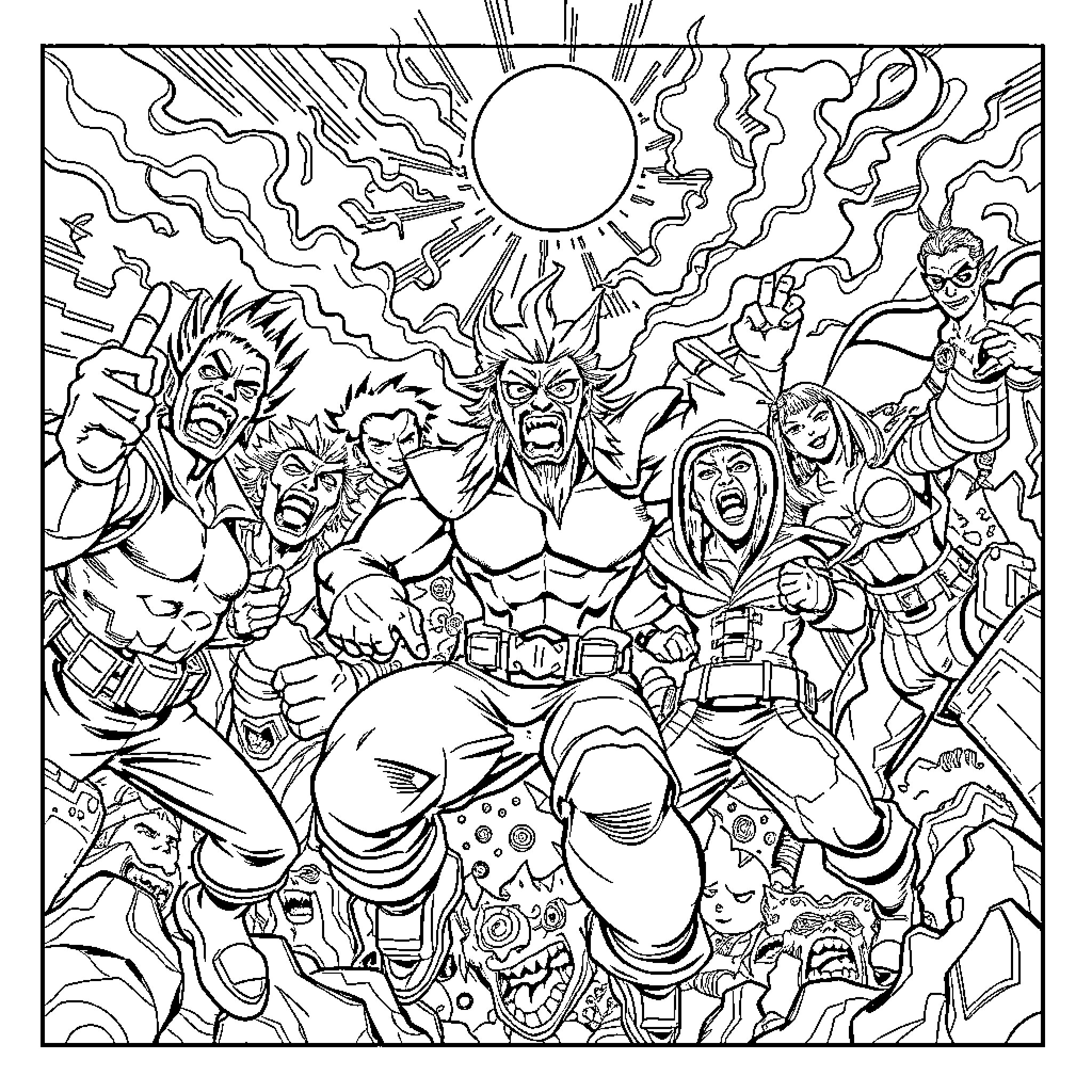 Manga Action Heroes in Epic Battle Coloring Page (free black-and-white line drawing printable PDF for all, from beginners to advanced learners, including children, teens, adults, and seniors)