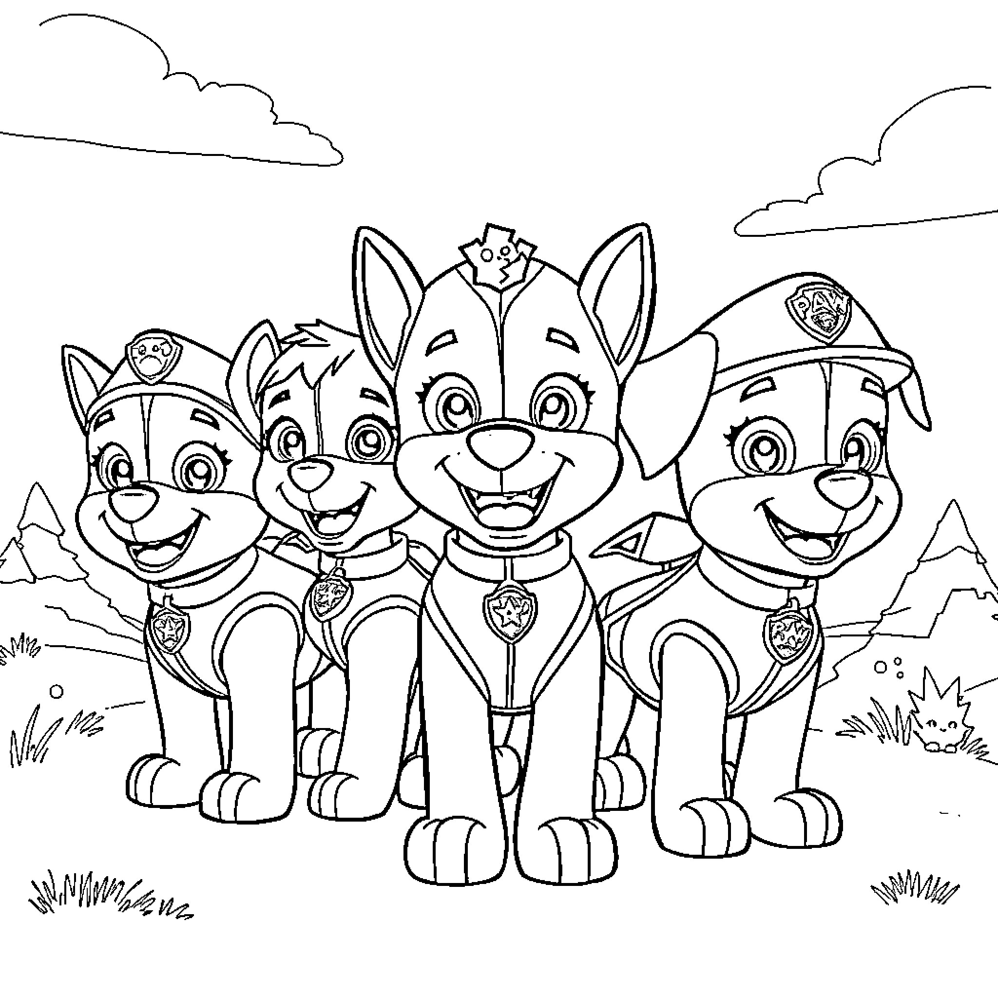 Paw Patrol Pups Happily Posing Together Coloring Page (free black-and-white line drawing printable PDF for all, from beginners to advanced learners, including children, teens, adults, and seniors)