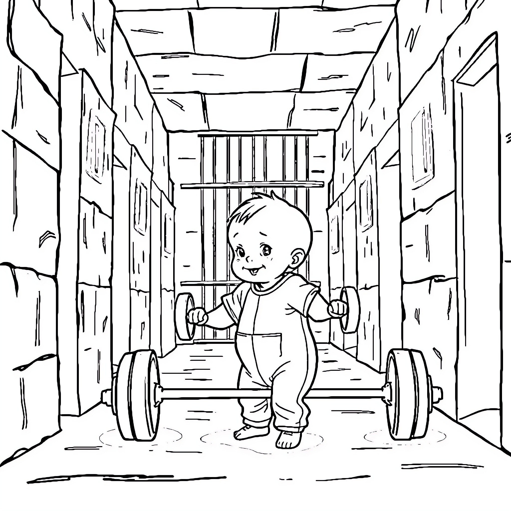 Baby Boy Lifting Weights in Prison Corridor Coloring Page (free black-and-white line drawing printable PDF for all, from beginners to advanced learners, including children, teens, adults, and seniors)