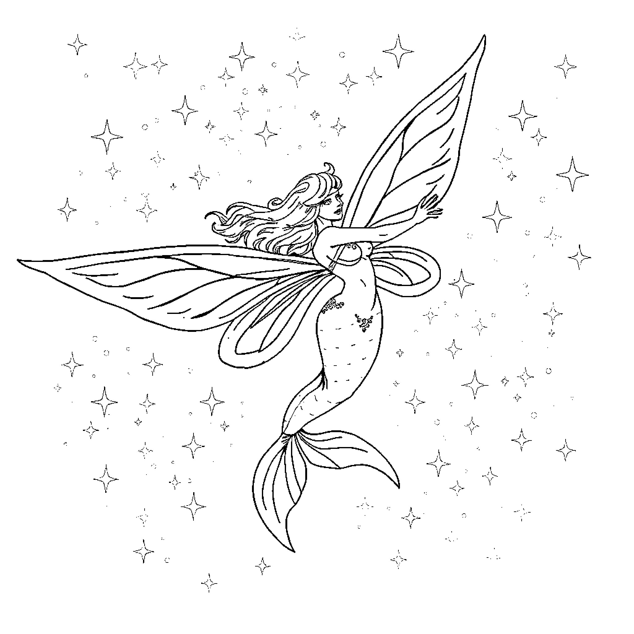 Siren swimming among the starry night Coloring Page (free black-and-white line drawing printable PDF for all, from beginners to advanced learners, including children, teens, adults, and seniors)