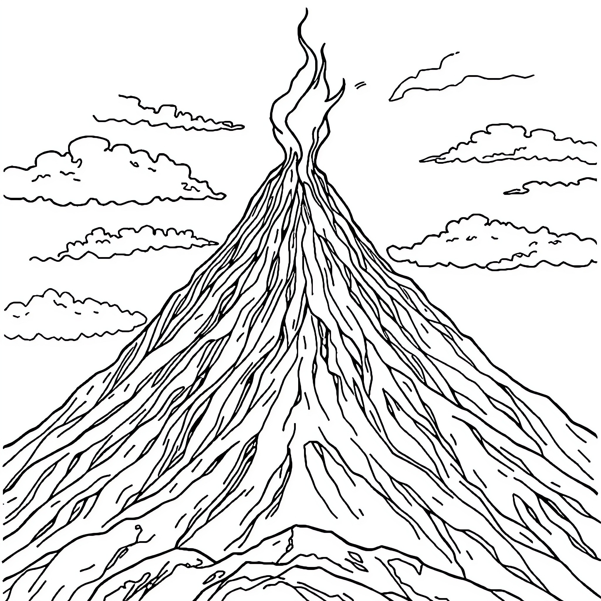 Volcano erupting dramatically in the sky Coloring Page (free black-and-white line drawing printable PDF for all, from beginners to advanced learners, including children, teens, adults, and seniors)