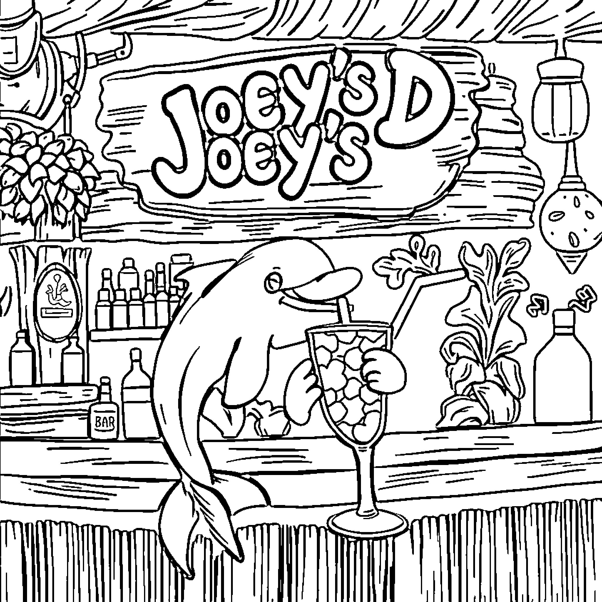 Dolphin enjoying drinks at a colorful bar Coloring Page (free black-and-white line drawing printable PDF for all, from beginners to advanced learners, including children, teens, adults, and seniors)