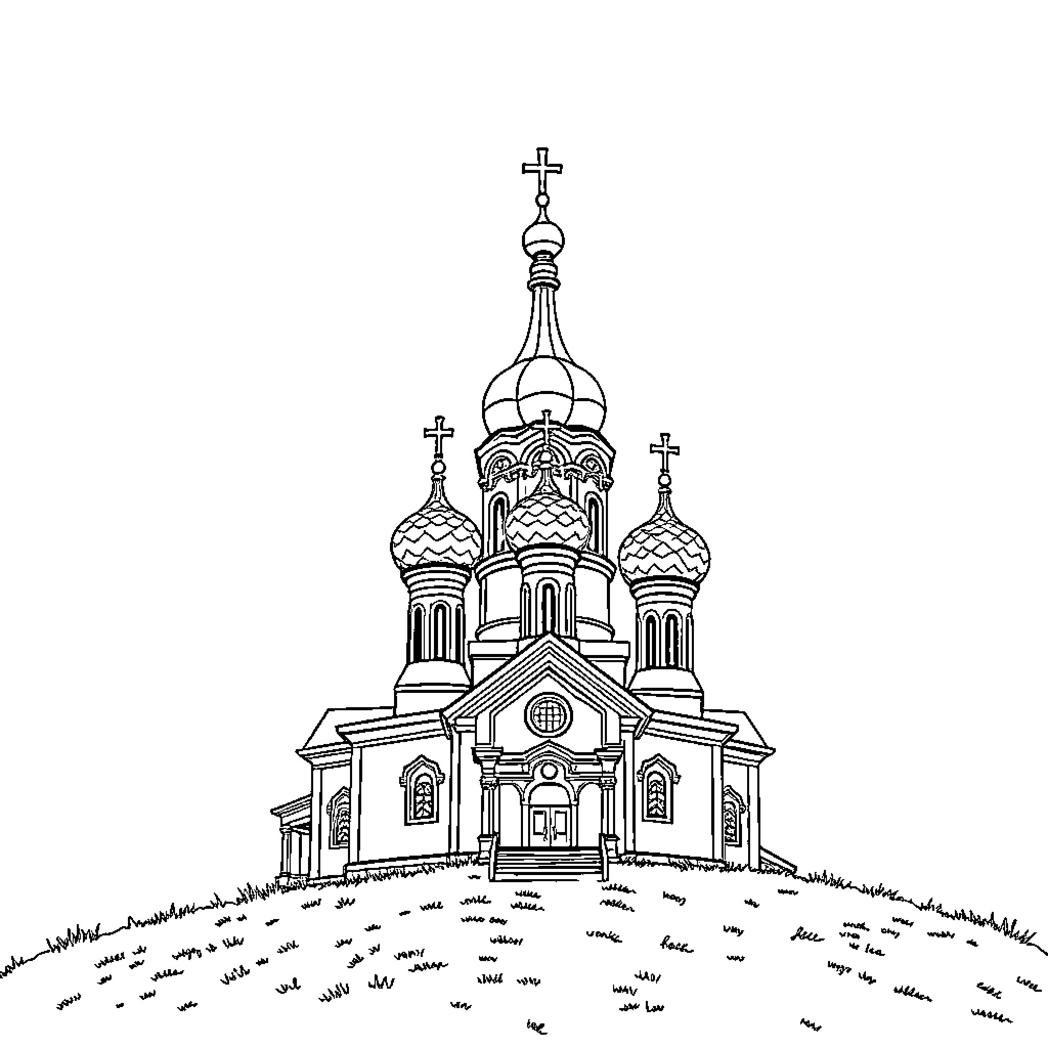 Church with Ornate Domed Roof and Entrance Coloring Page (free black-and-white line drawing printable PDF for all, from beginners to advanced learners, including children, teens, adults, and seniors)