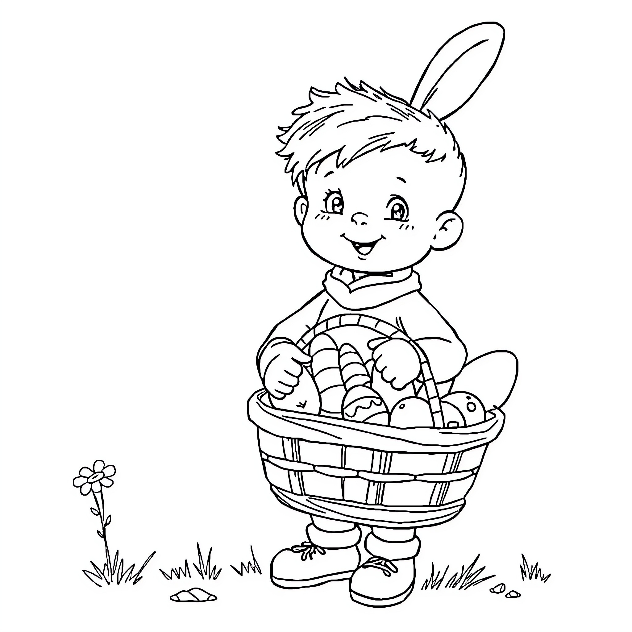 Easter Bear Carrying a Basket of Eggs Coloring Page (free black-and-white line drawing printable PDF for all, from beginners to advanced learners, including children, teens, adults, and seniors)