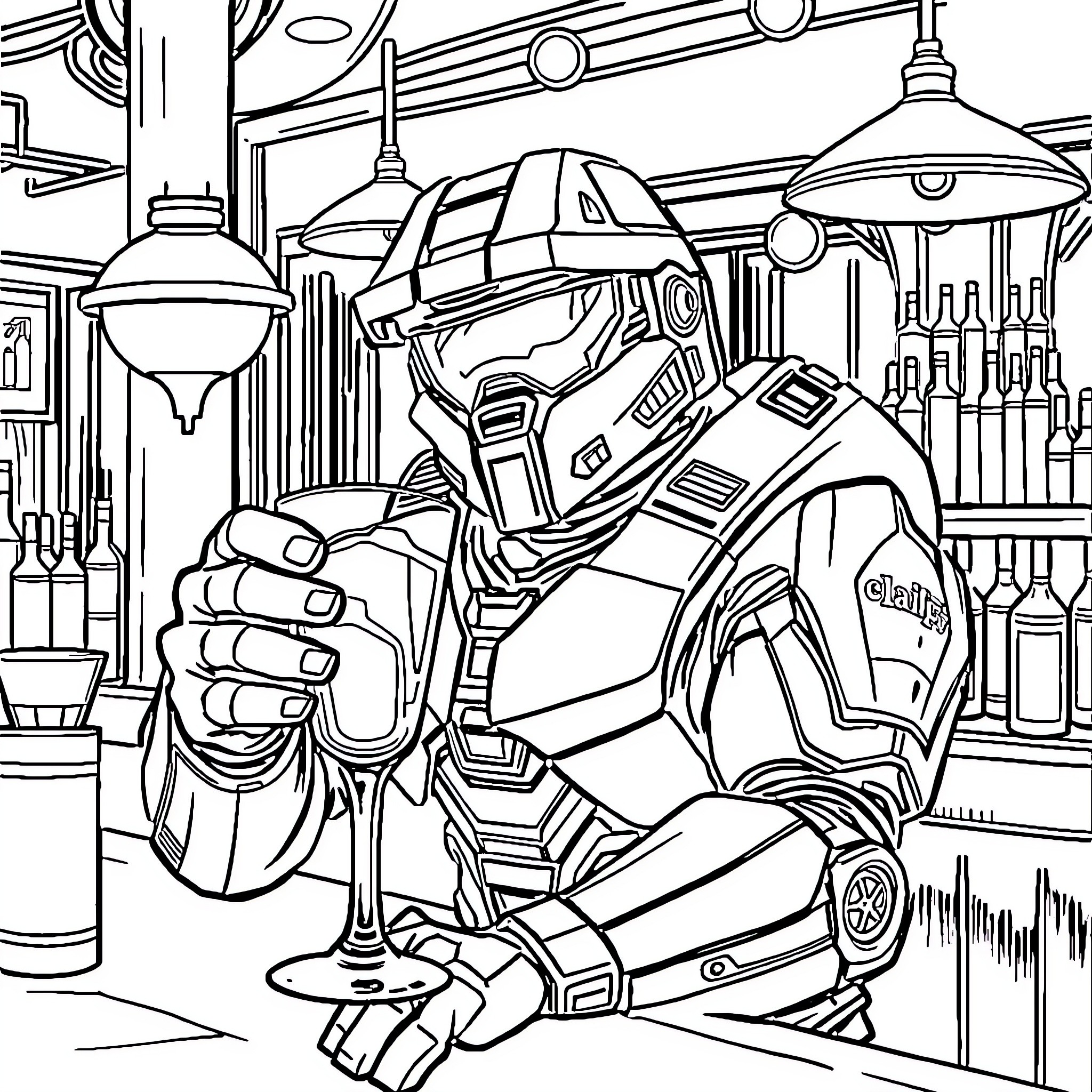 Master Chief Enjoying a Drink in the Bar Coloring Page (free black-and-white line drawing printable PDF for all, from beginners to advanced learners, including children, teens, adults, and seniors)