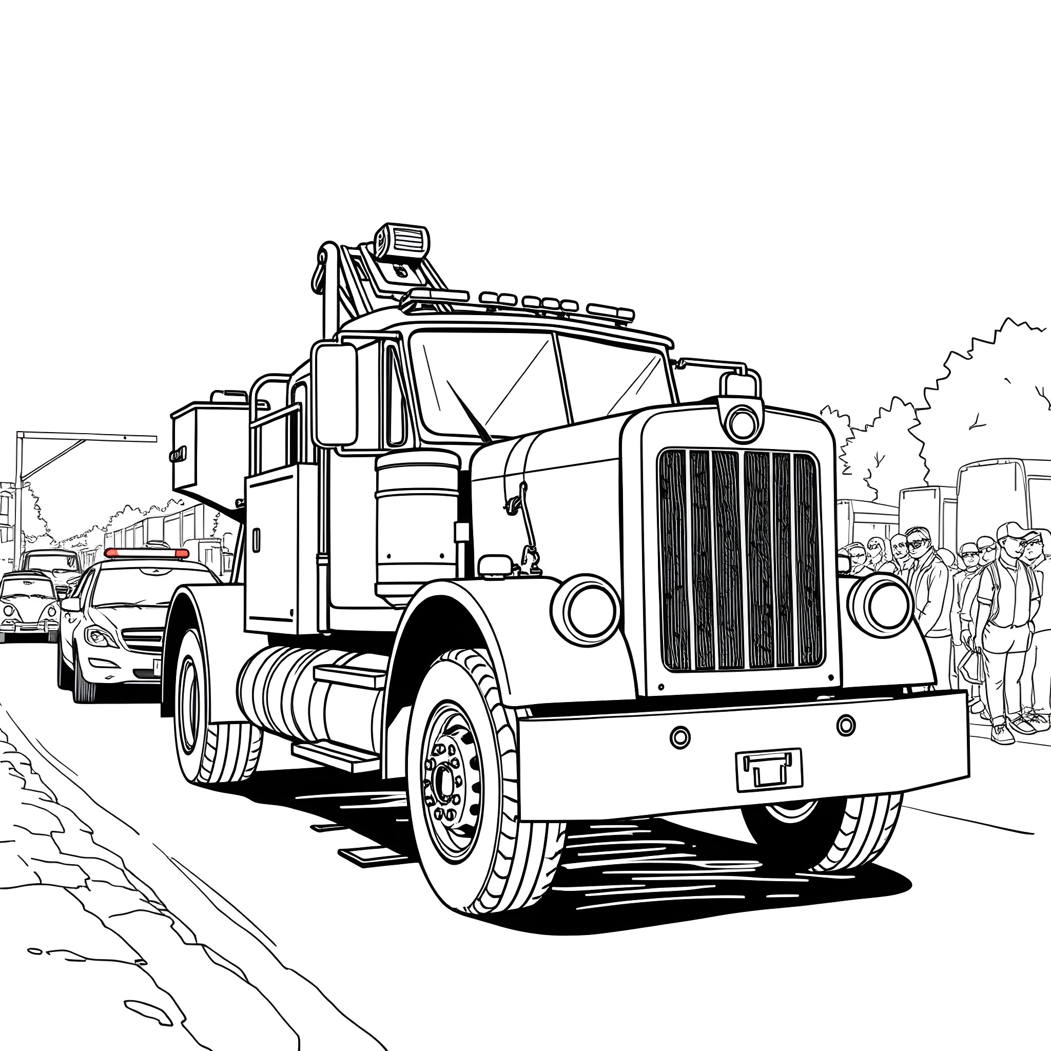 Tow Truck Assisting Damaged Vehicle on the Road Coloring Page (free black-and-white line drawing printable PDF for all, from beginners to advanced learners, including children, teens, adults, and seniors)