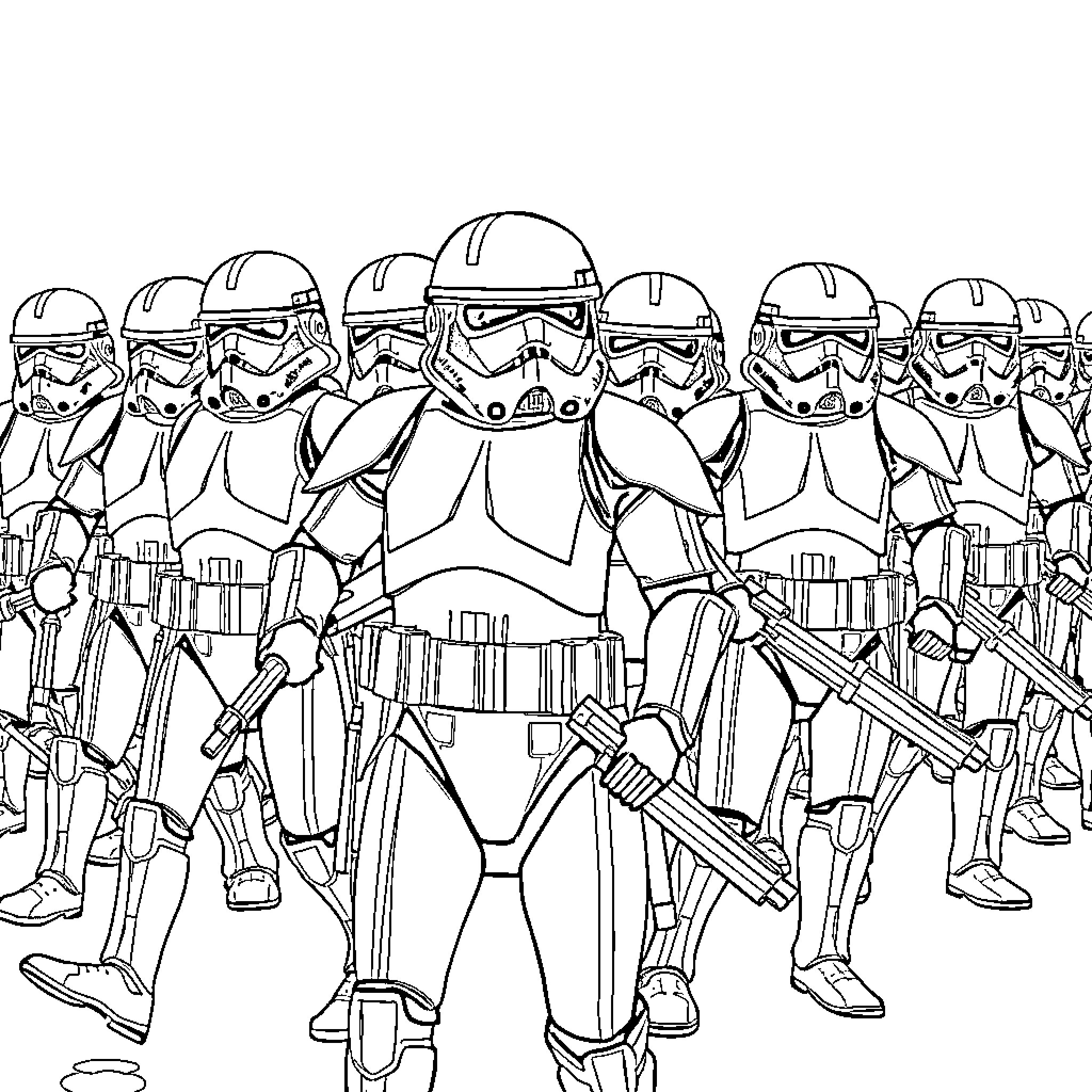 Clonetrooper squad marching in formation Coloring Page (free black-and-white line drawing printable PDF for all, from beginners to advanced learners, including children, teens, adults, and seniors)