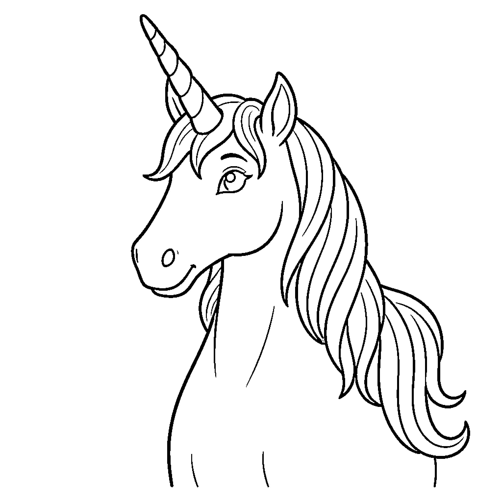 Unicorn with a flowing mane and peaceful expression Coloring Page (free black-and-white line drawing printable PDF for all, from beginners to advanced learners, including children, teens, adults, and seniors)
