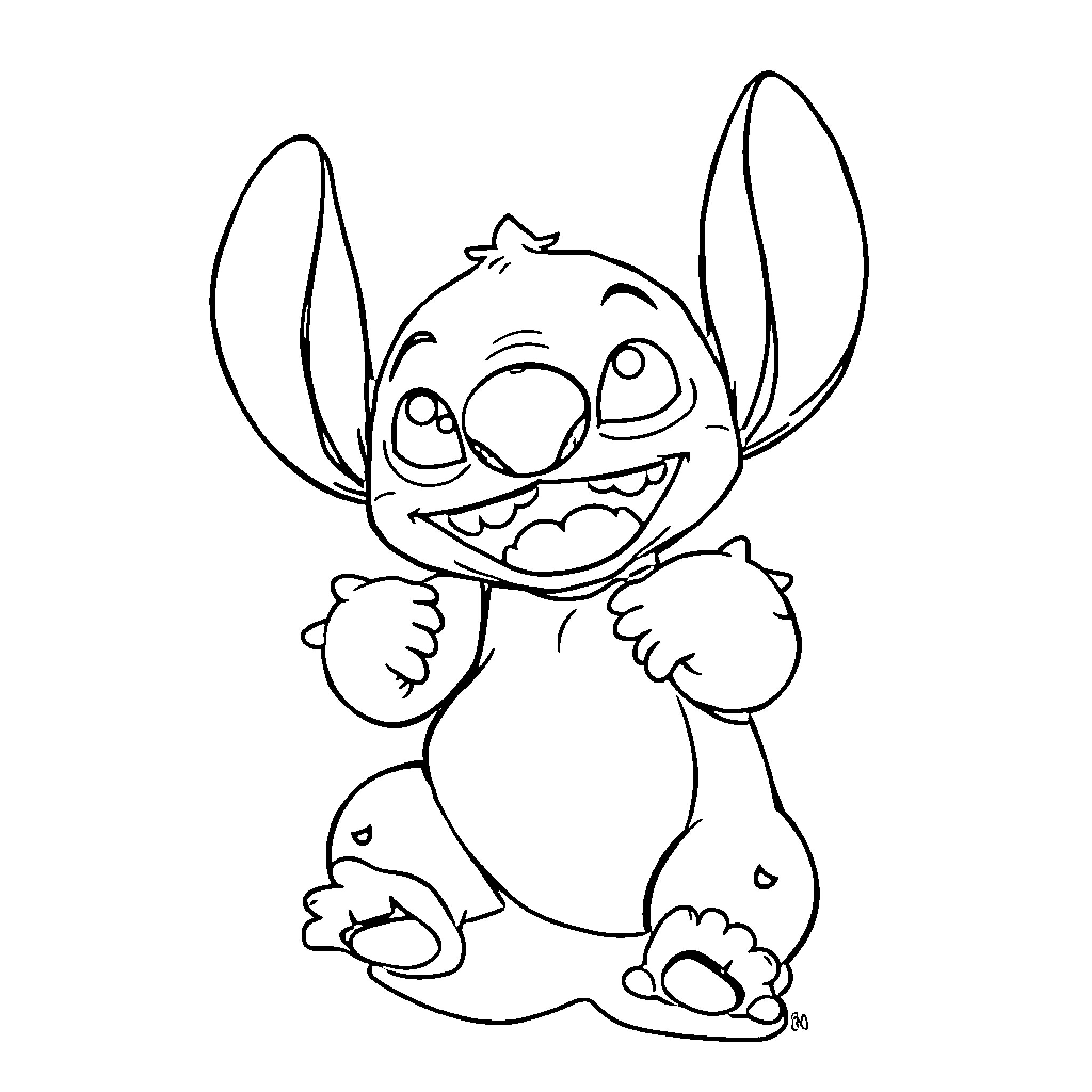 Stitch Expressing Happiness and Excitement Coloring Page (free black-and-white line drawing printable PDF for all, from beginners to advanced learners, including children, teens, adults, and seniors)