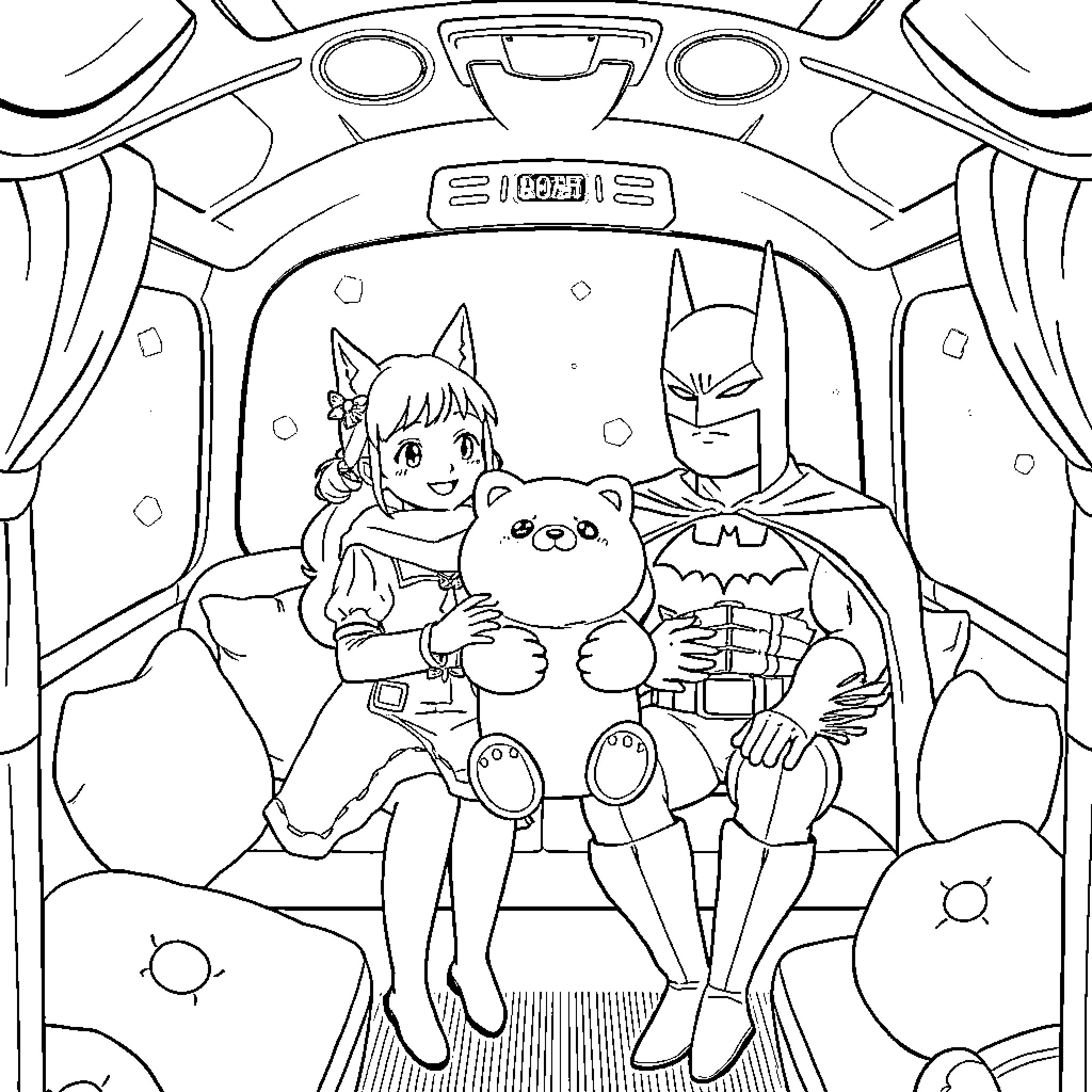Cat Bus with Anime Characters on an Intergalactic Adventure Coloring Page (free black-and-white line drawing printable PDF for all, from beginners to advanced learners, including children, teens, adults, and seniors)