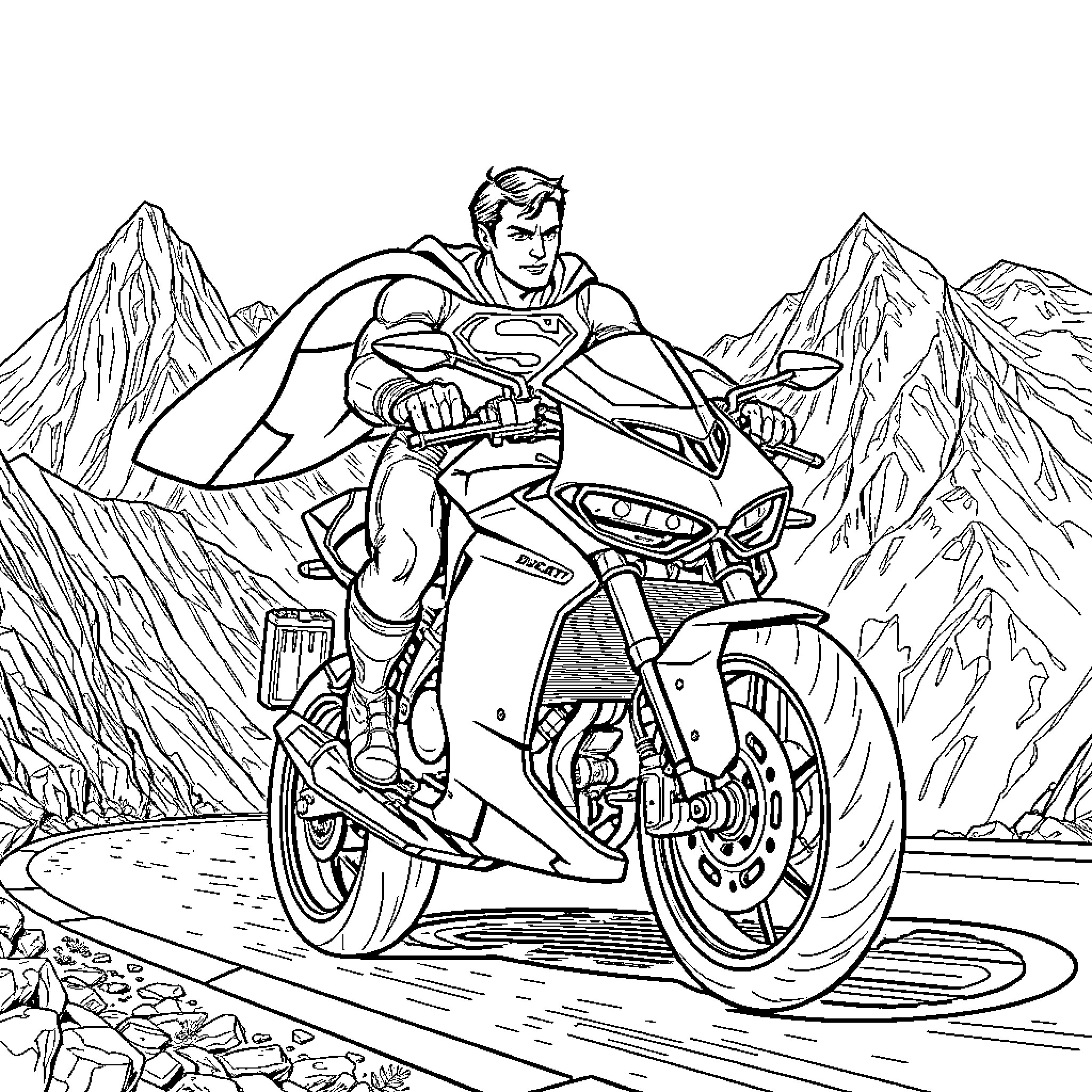 Superman riding a motorcycle through the mountains Coloring Page (free black-and-white line drawing printable PDF for all, from beginners to advanced learners, including children, teens, adults, and seniors)