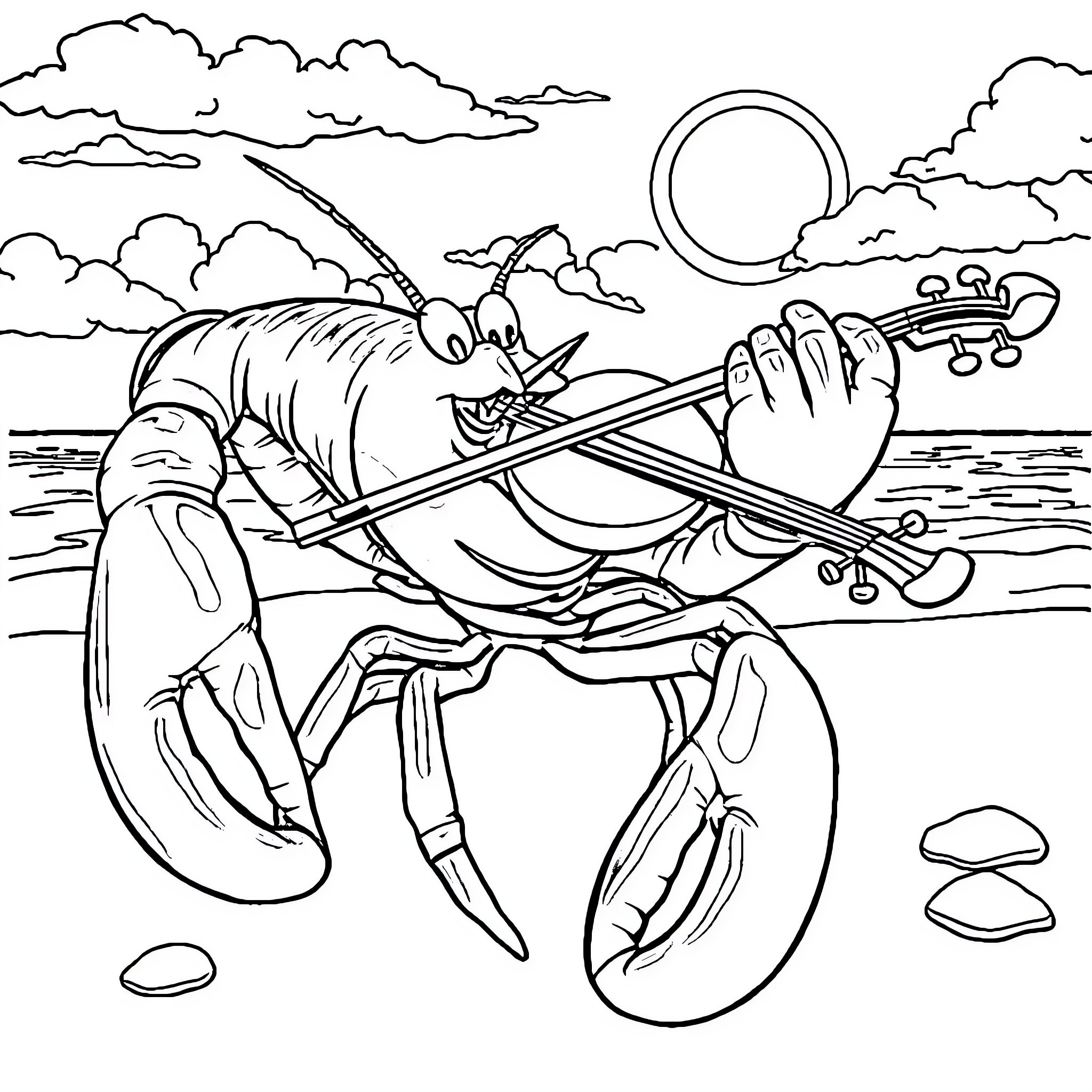 Lobster playing a musical instrument on the beach Coloring Page (free black-and-white line drawing printable PDF for all, from beginners to advanced learners, including children, teens, adults, and seniors)
