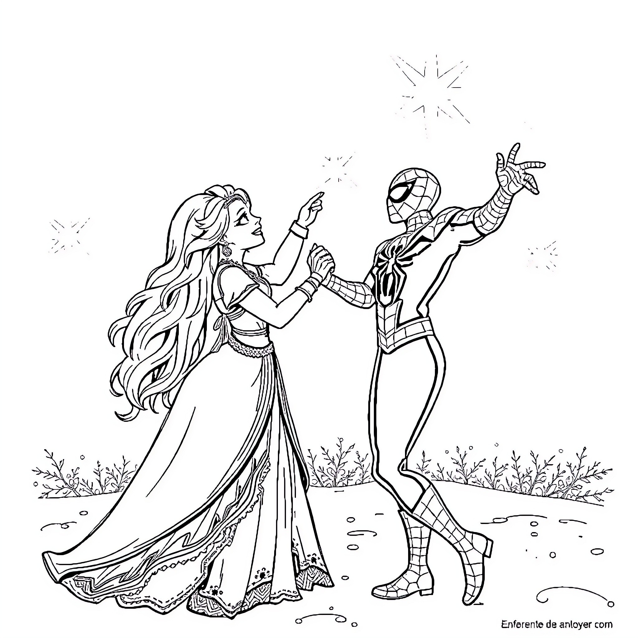 Queen and Spider-Man Dance Together Coloring Page (free black-and-white line drawing printable PDF for all, from beginners to advanced learners, including children, teens, adults, and seniors)