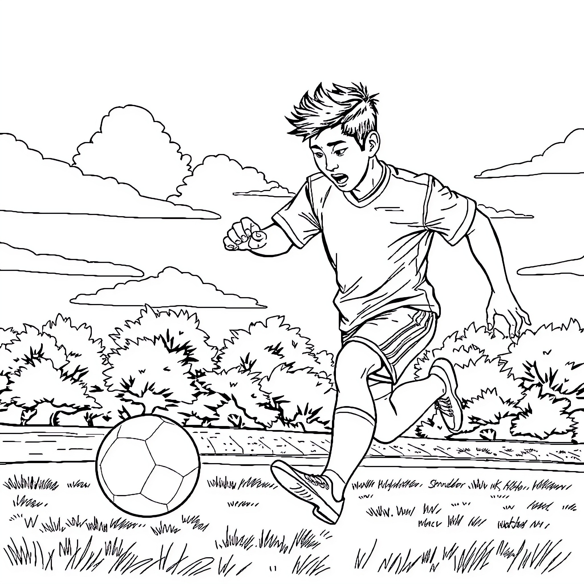 Nick Suzuki playing soccer on a grassy field Coloring Page (free black-and-white line drawing printable PDF for all, from beginners to advanced learners, including children, teens, adults, and seniors)