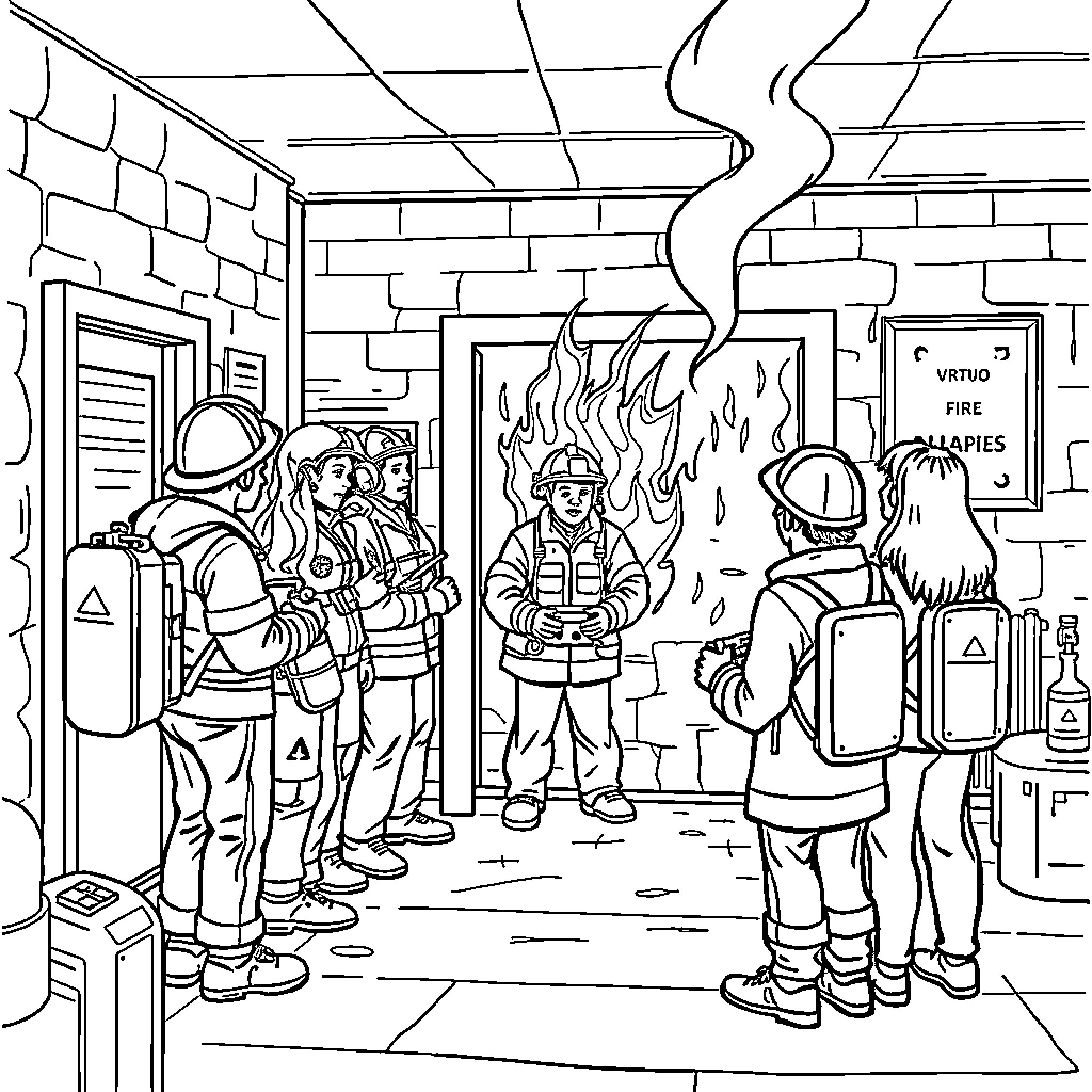 Fire Safety: Firefighters Respond to Emergency Situation Coloring Page (free black-and-white line drawing printable PDF for all, from beginners to advanced learners, including children, teens, adults, and seniors)