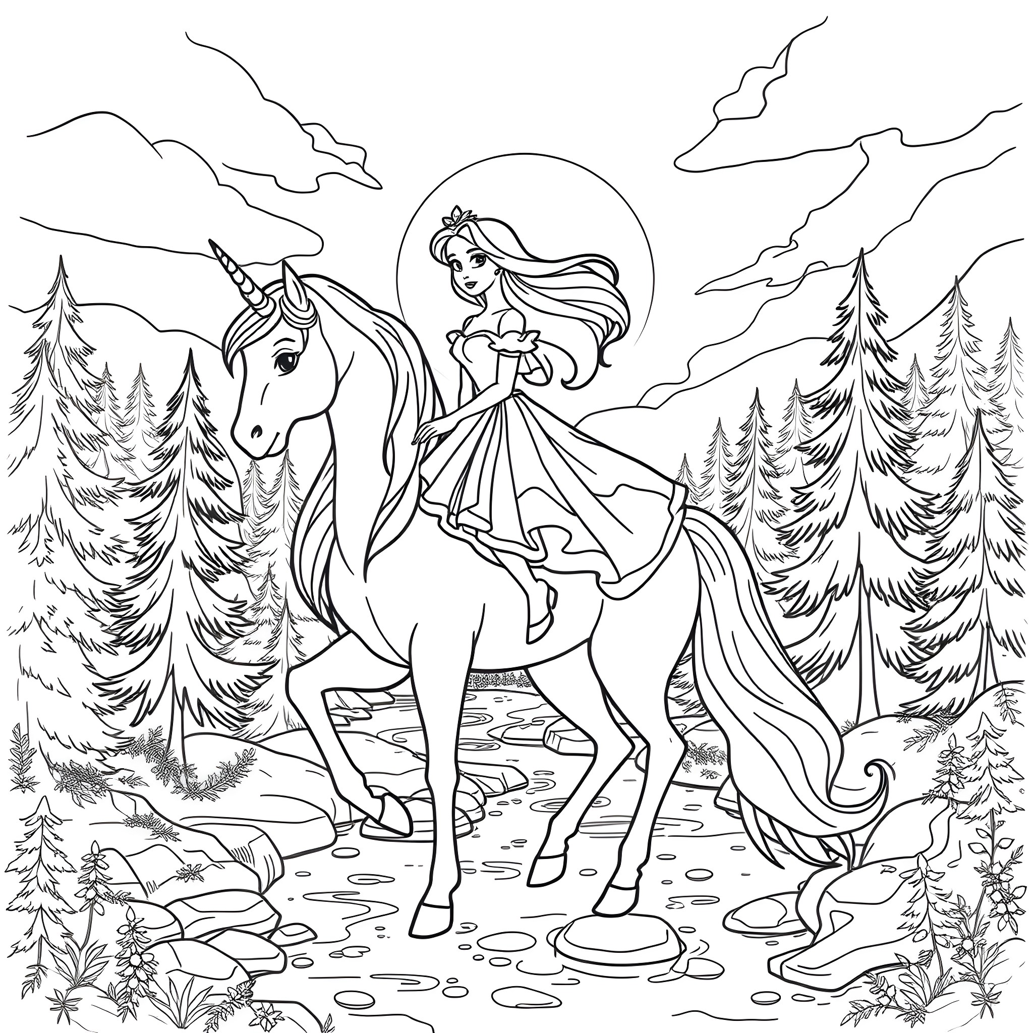 Disney Princess Riding Unicorn Through Enchanted Forest Coloring Page (free black-and-white line drawing printable PDF for all, from beginners to advanced learners, including children, teens, adults, and seniors)